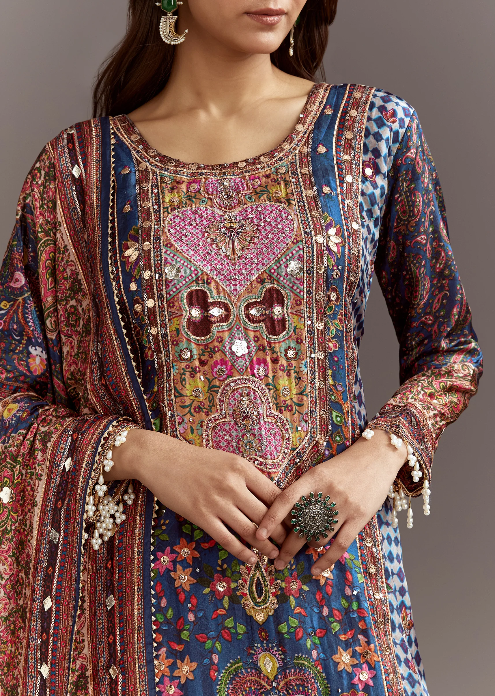 Blue Printed Gotta Lace Sequin Kurta Set With Floral Print Dupatta - Image 3