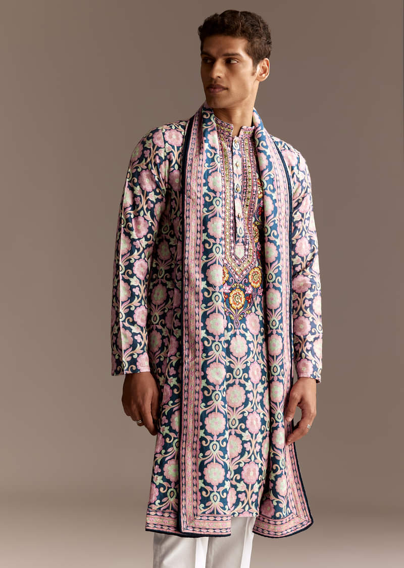 Blue Printed Kurta Dupatta Set With Mirror Work