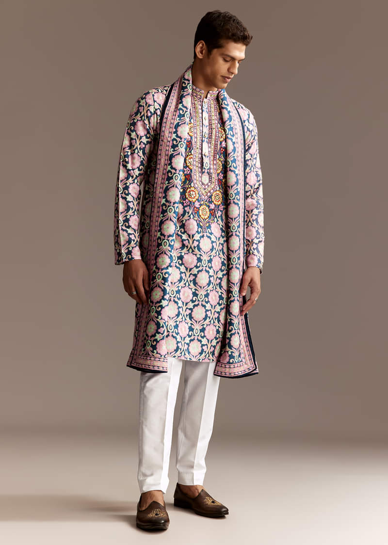 Blue Printed Kurta Dupatta Set With Mirror Work - Image 2