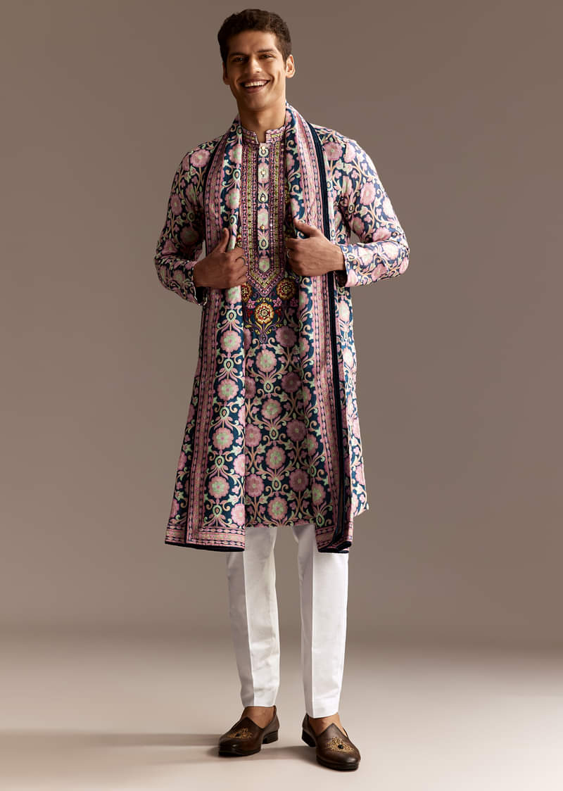 Blue Printed Kurta Dupatta Set With Mirror Work - Image 3
