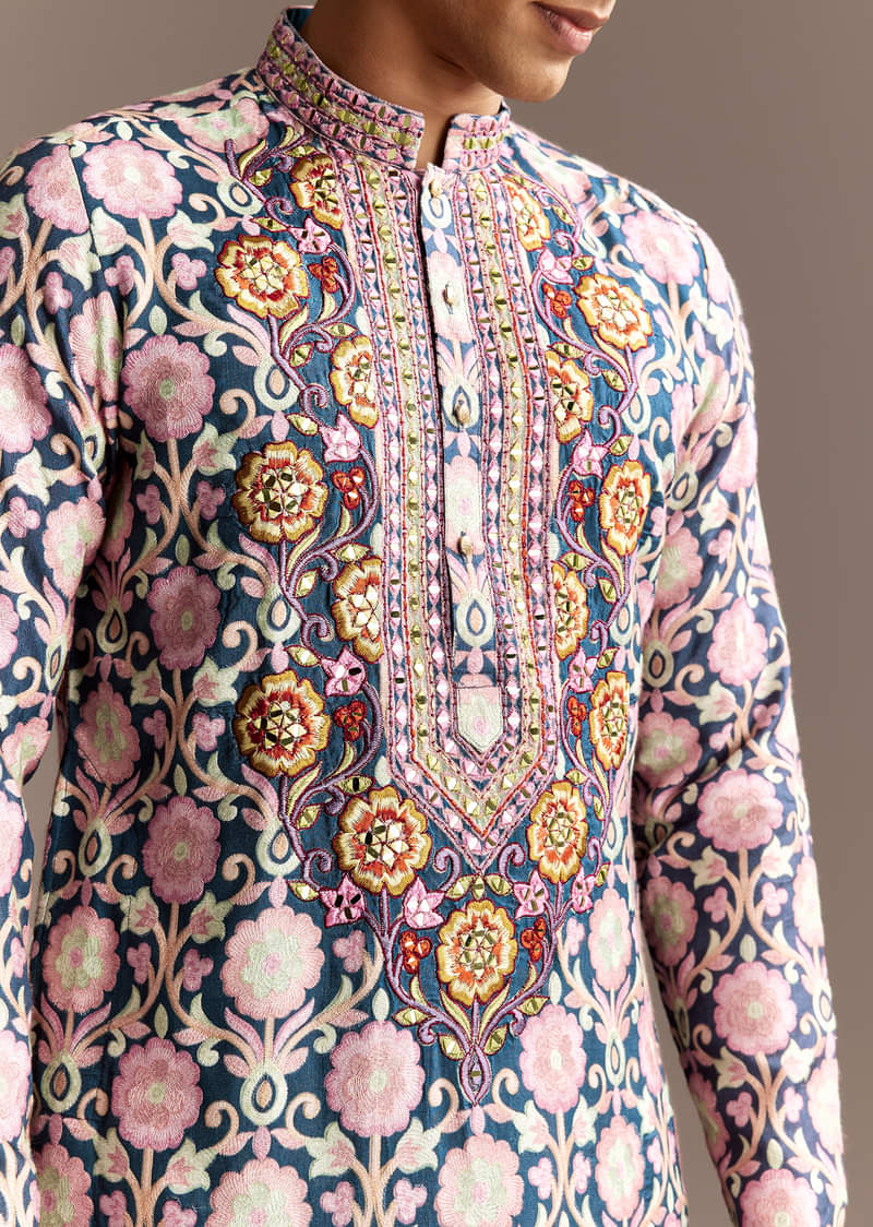 Blue Printed Kurta Dupatta Set With Mirror Work - Image 4