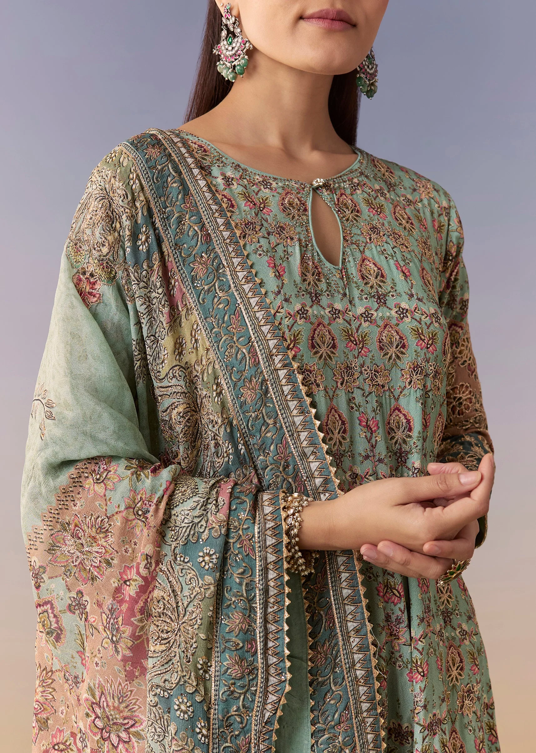 Blue Printed Kurta Set With Pant And Dupatta - Image 2