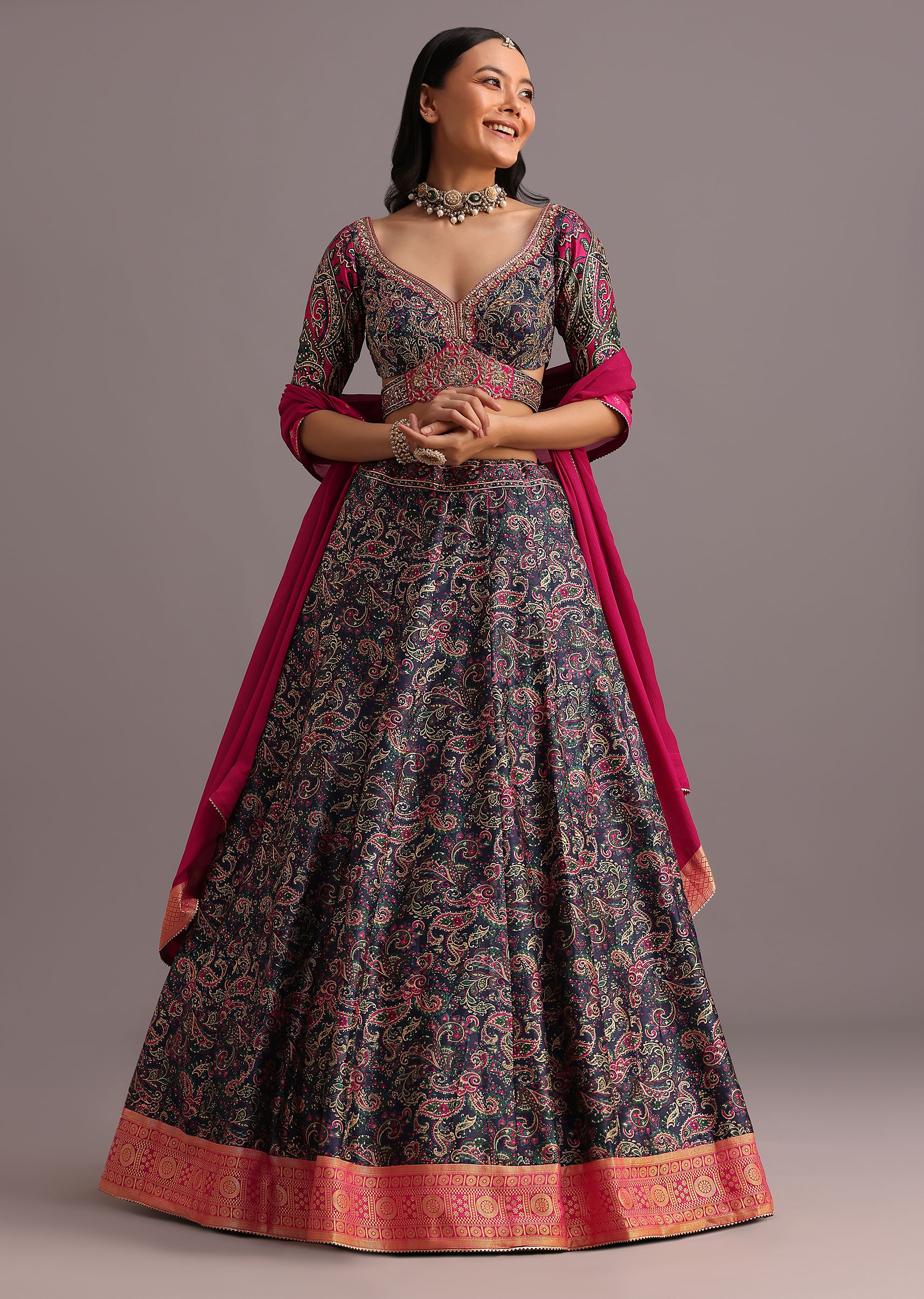 Blue Printed Lehenga Choli With Banarasi Weave Bordered Dupatta