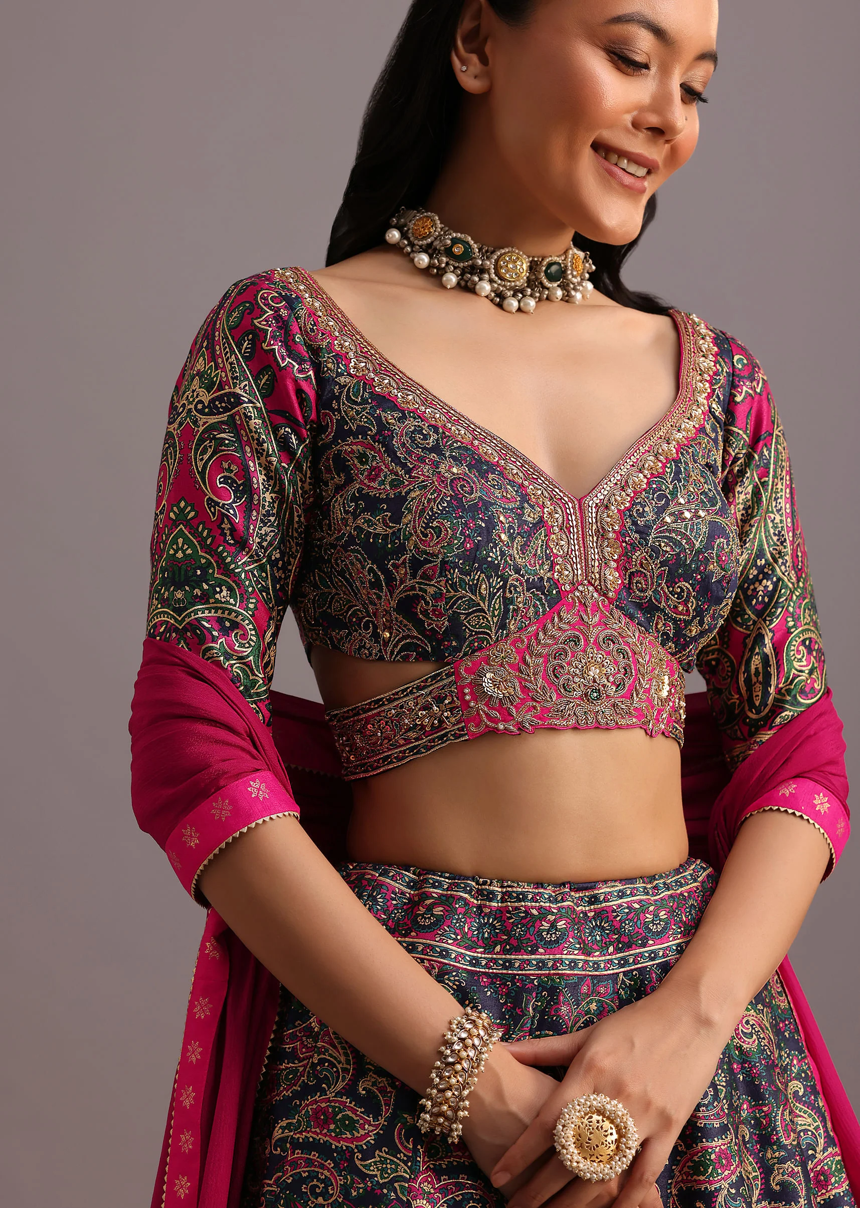 Blue Printed Lehenga Choli With Banarasi Weave Bordered Dupatta - Image 2