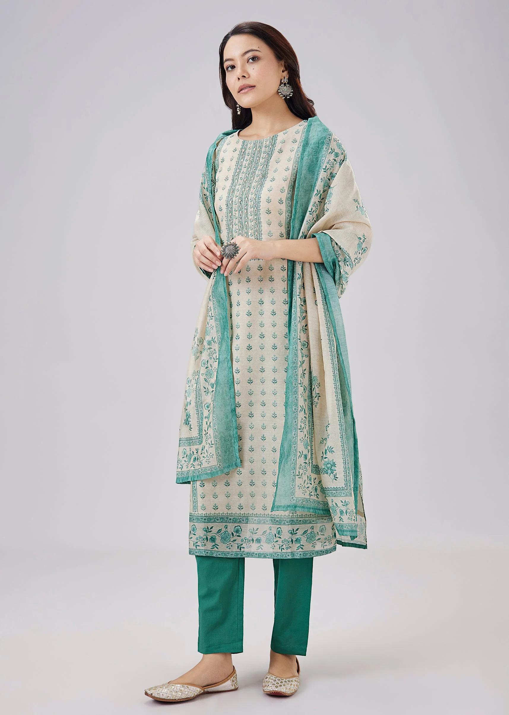 Blue Printed Linen Kurta Set With Dupatta - Image 3