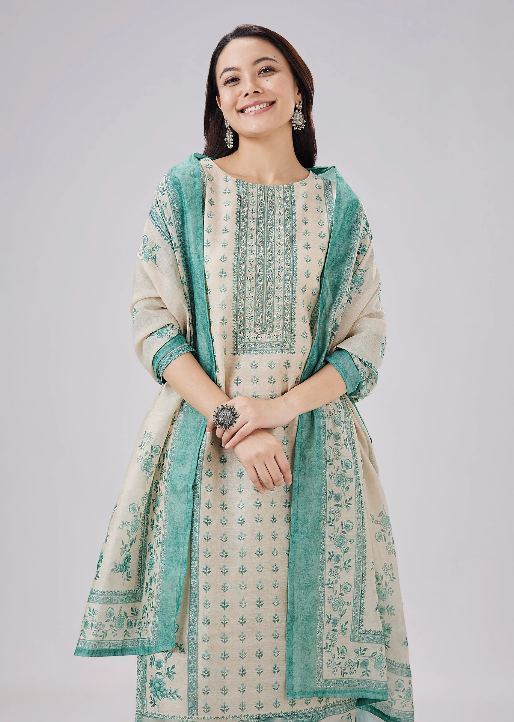 Blue Printed Linen Kurta Set With Dupatta - Image 4