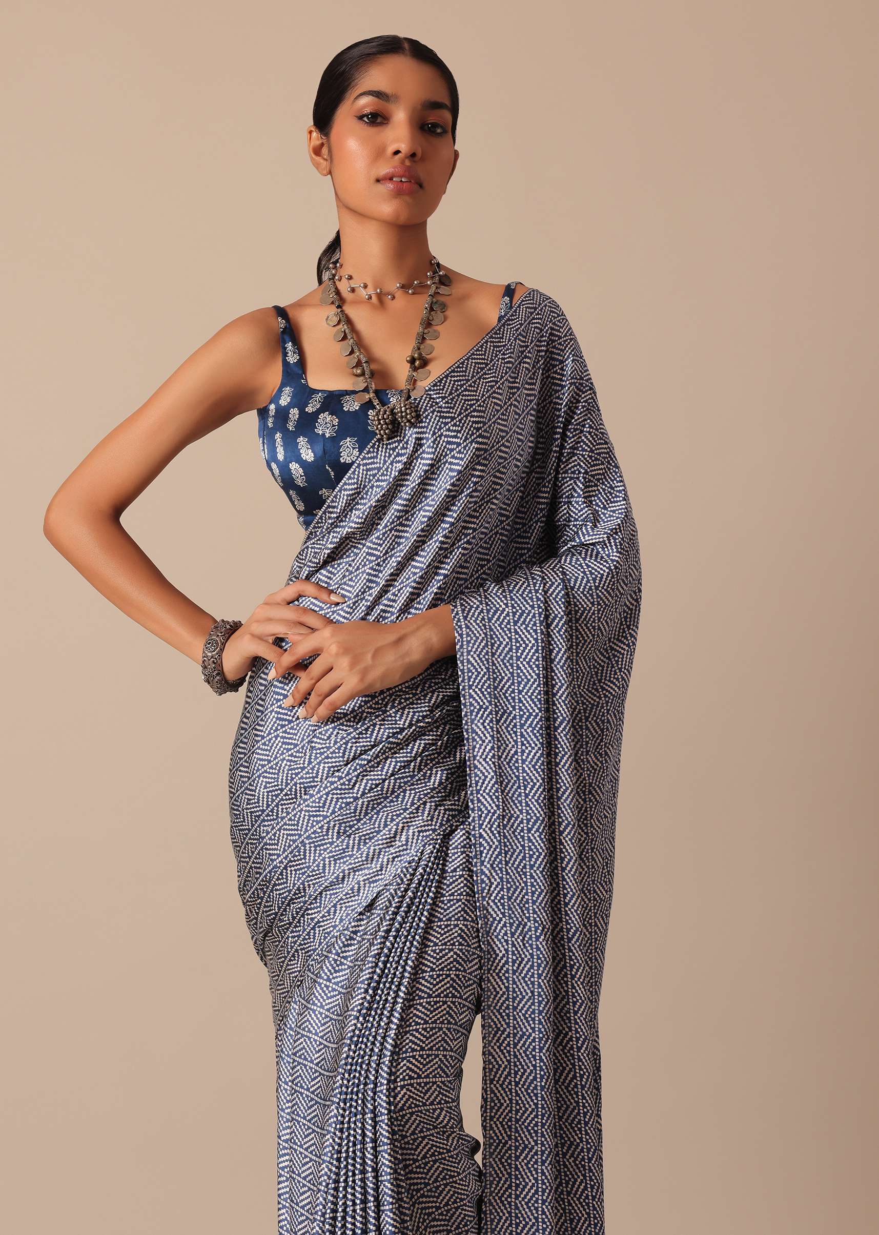 Blue Printed Saree In Satin With Tassel Detail And Unstitched Blouse Fabric - Image 2
