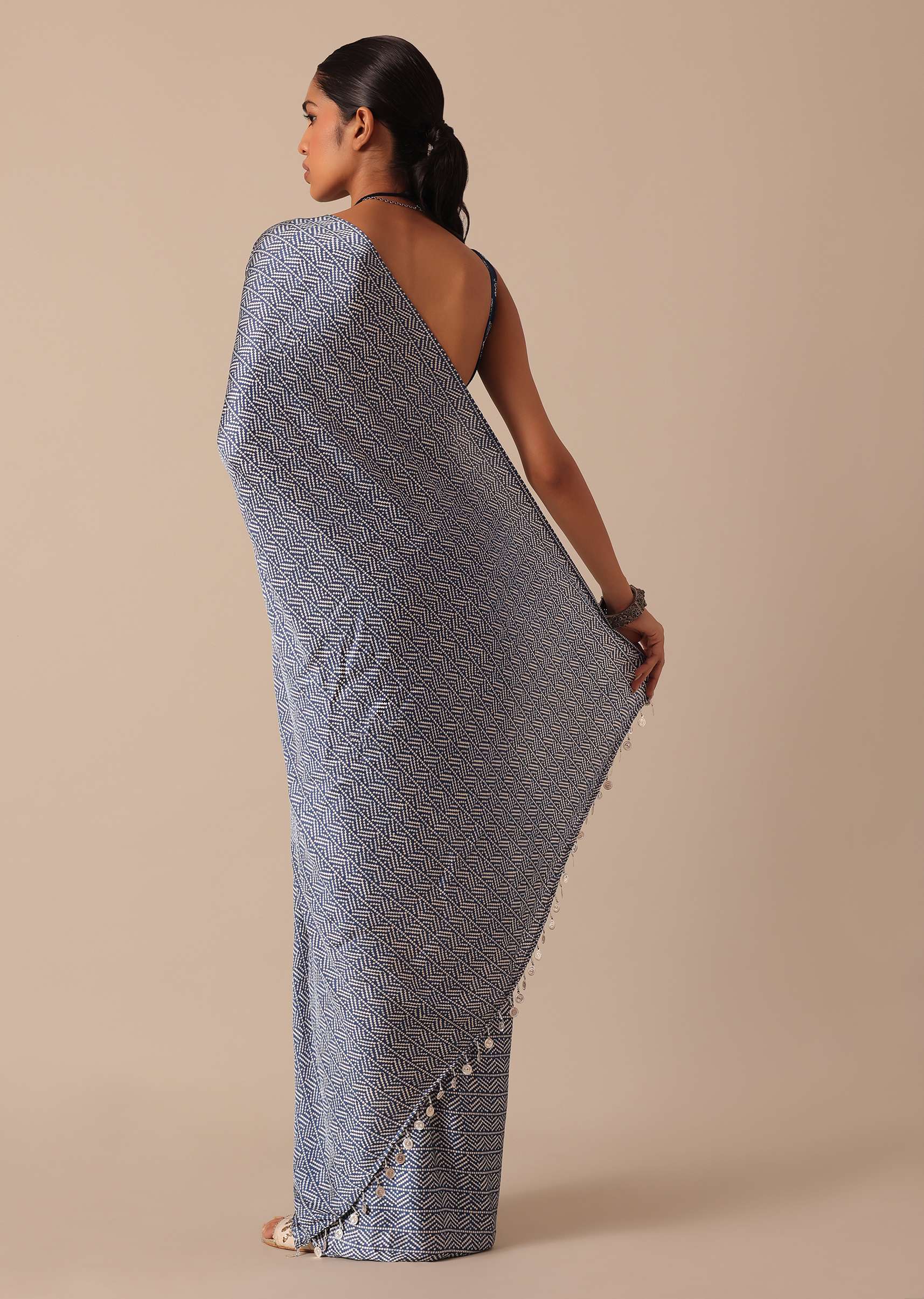 Blue Printed Saree In Satin With Tassel Detail And Unstitched Blouse Fabric - Image 4