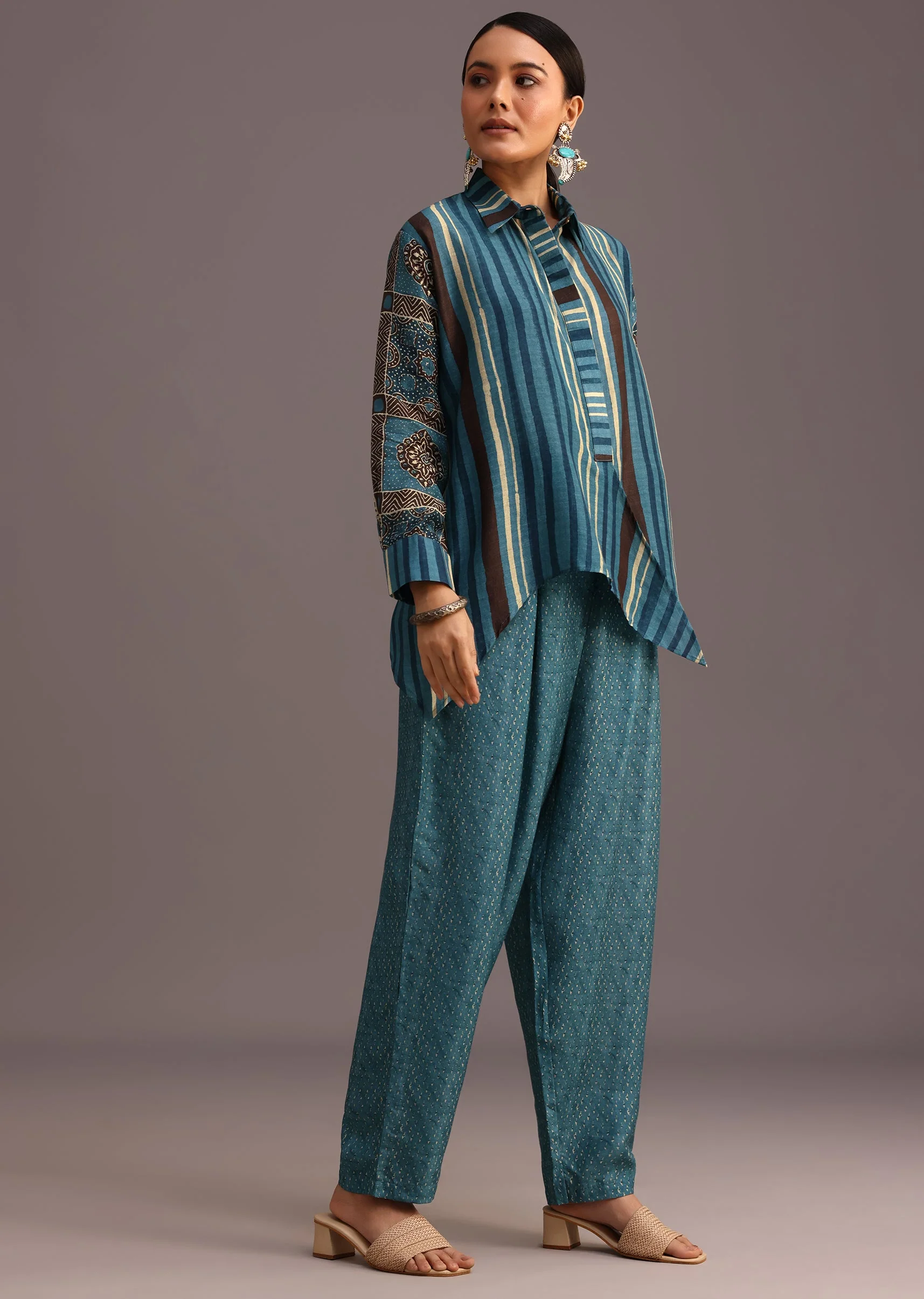 Blue Printed Shirt Salwar Set With Embroidery - Image 3