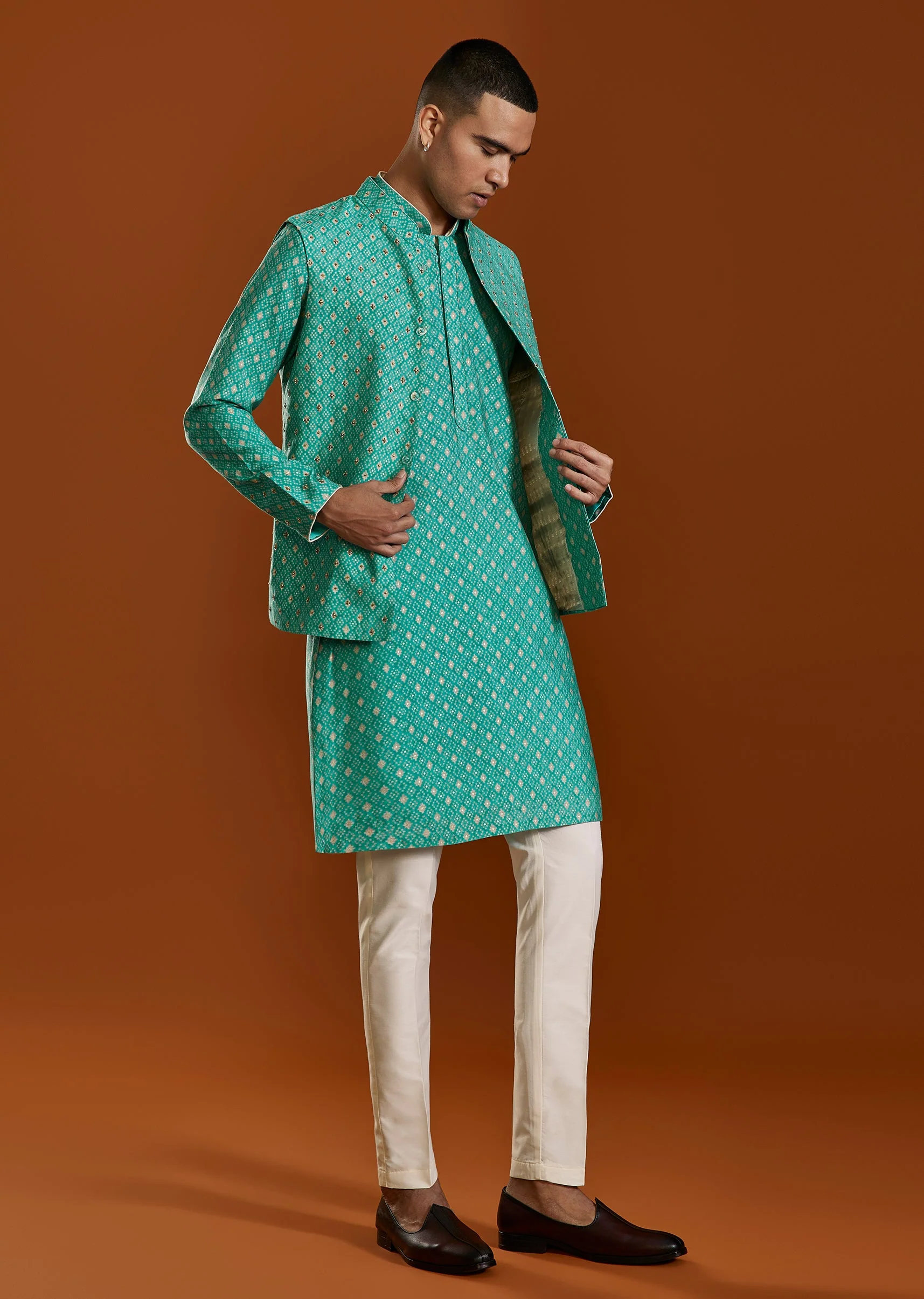 Blue Raw Silk Kurta Jacket Set - Image 3
