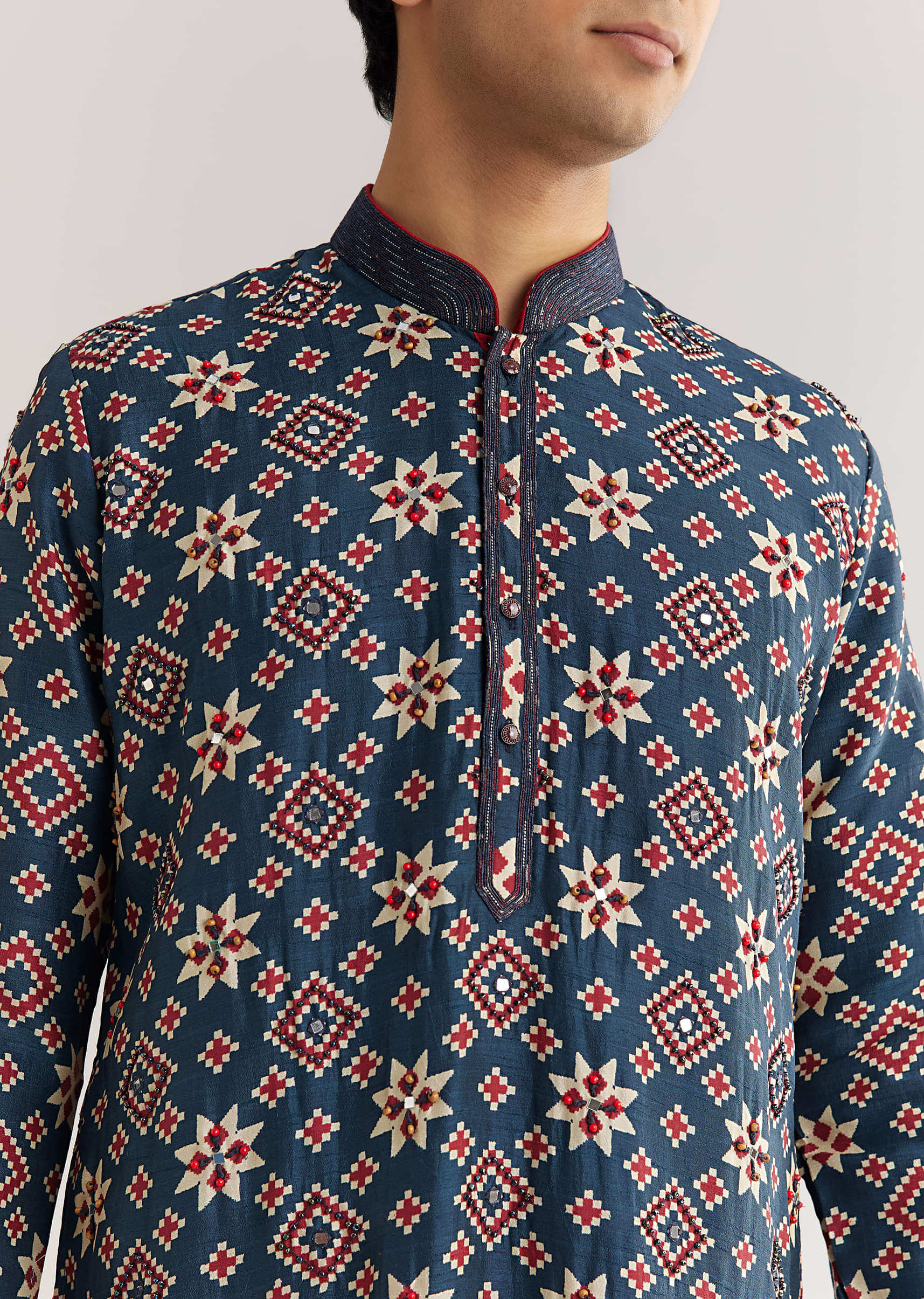 Blue Rawsilk Kurta Set With Beaded Embroidery - Image 3
