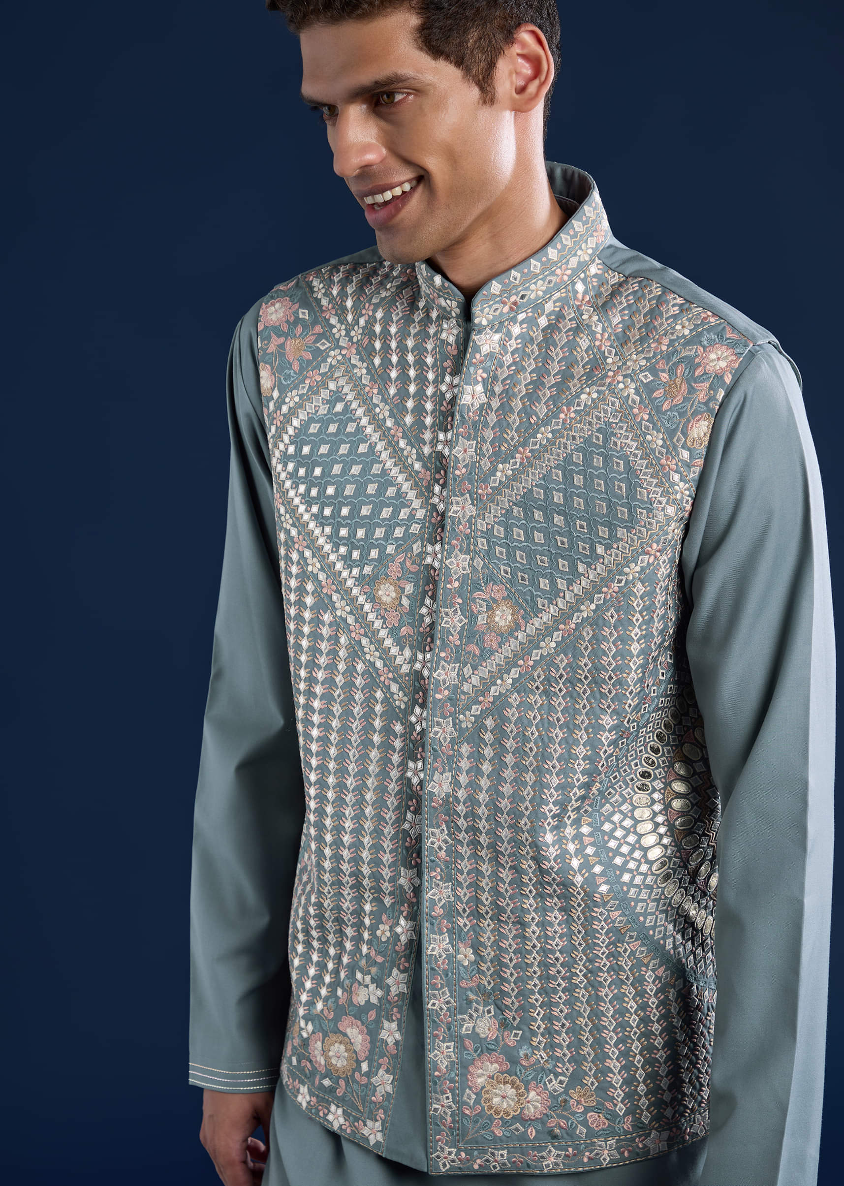 Blue Rayon Jacket Kurta Set with Gotta Patti - Image 2
