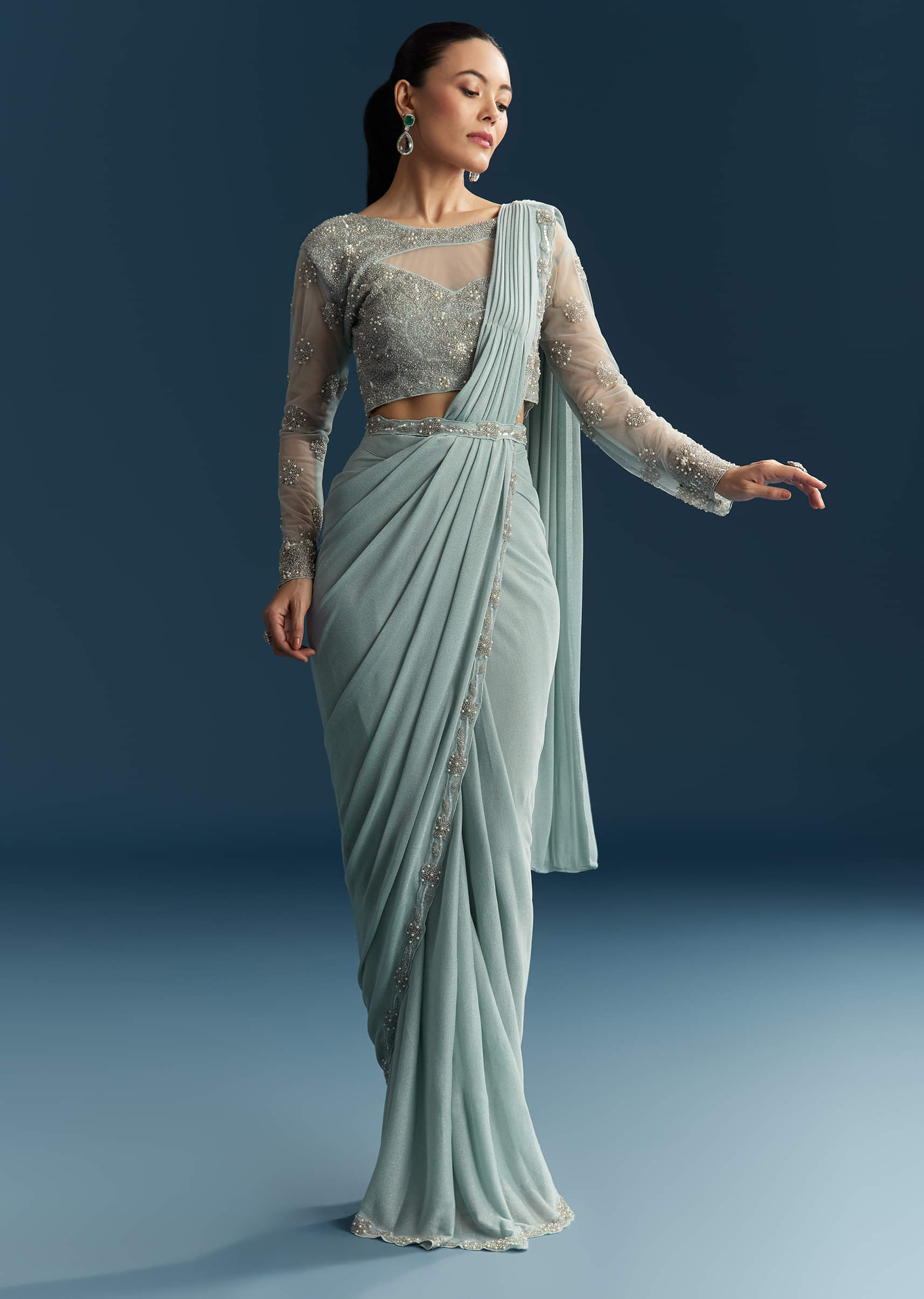 Blue Ready Pleated Saree With Beads And Moti Work - Image 3