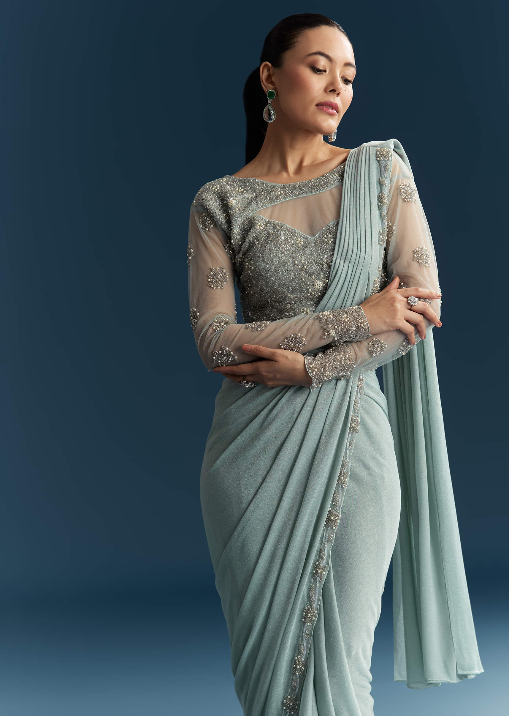 Blue Ready Pleated Saree With Beads And Moti Work - Image 4