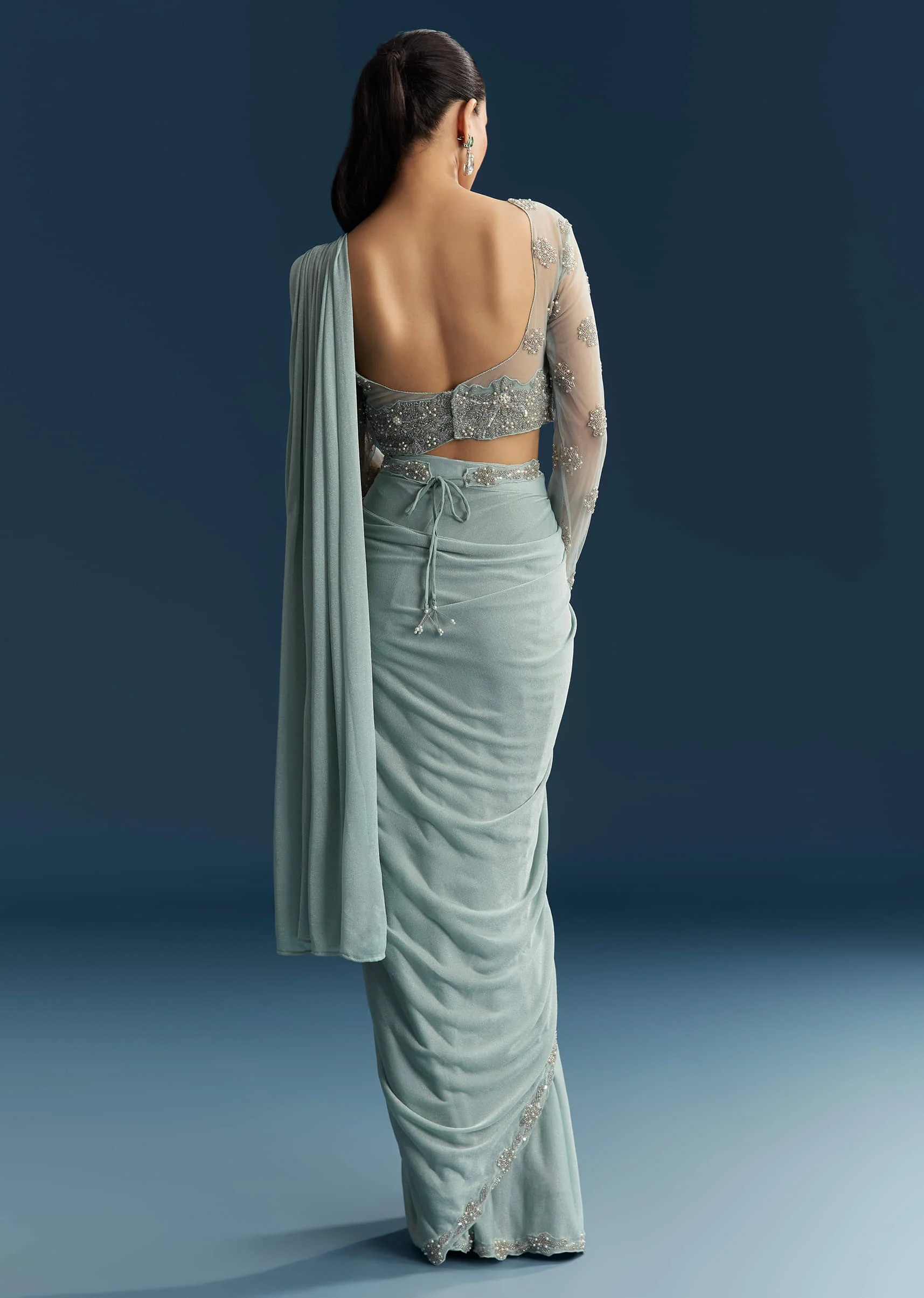 Blue Ready Pleated Saree With Beads And Moti Work - Image 5