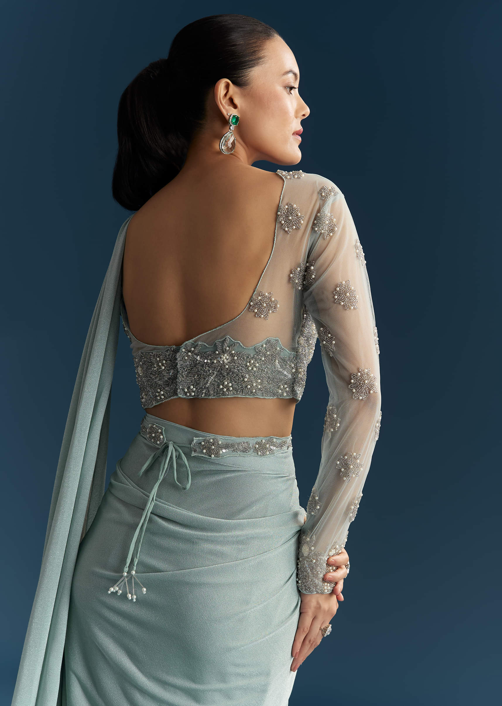 Blue Ready Pleated Saree With Beads And Moti Work - Image 6