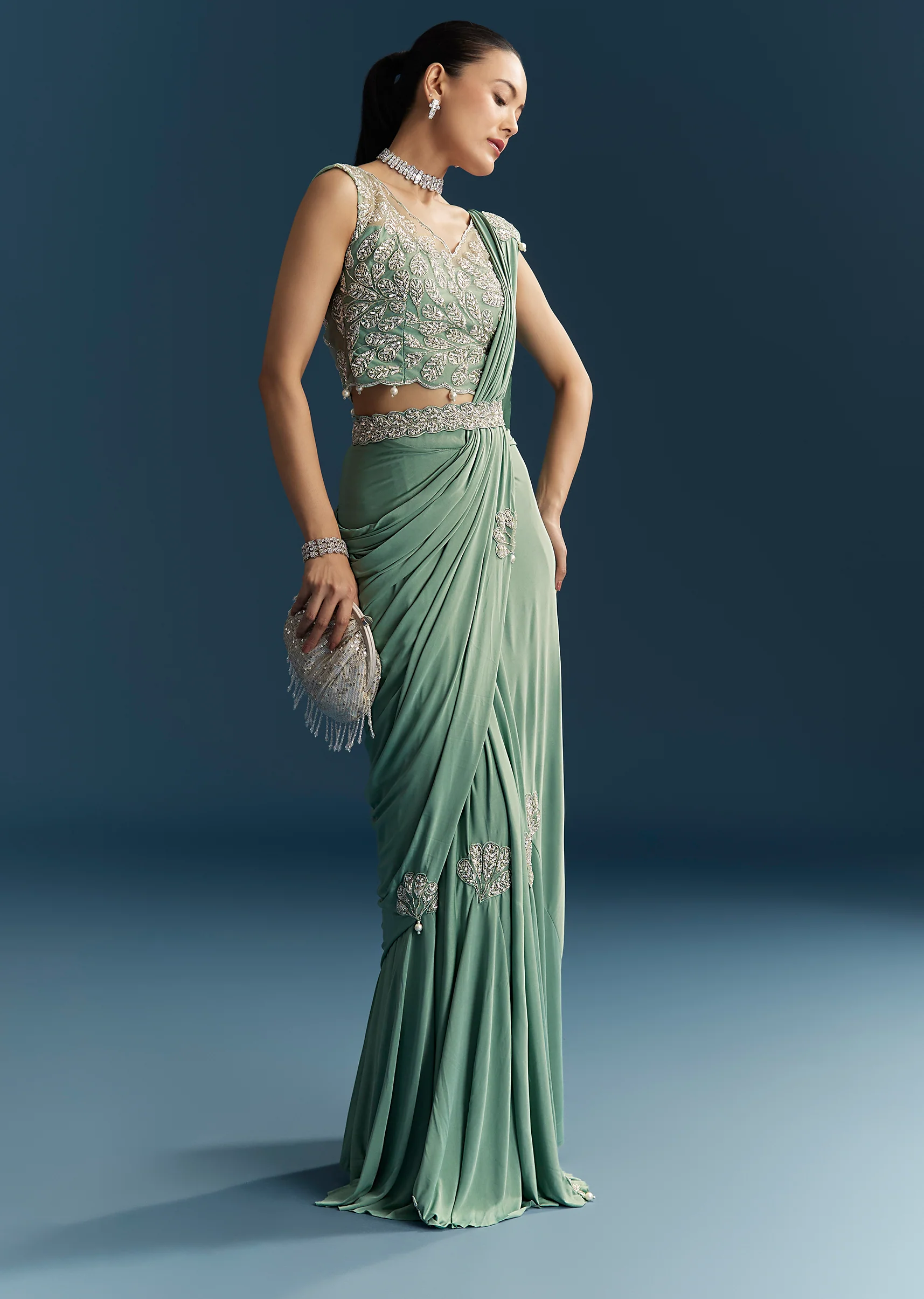 Blue Ready Pleated Saree With Cutdana And Sequins Work