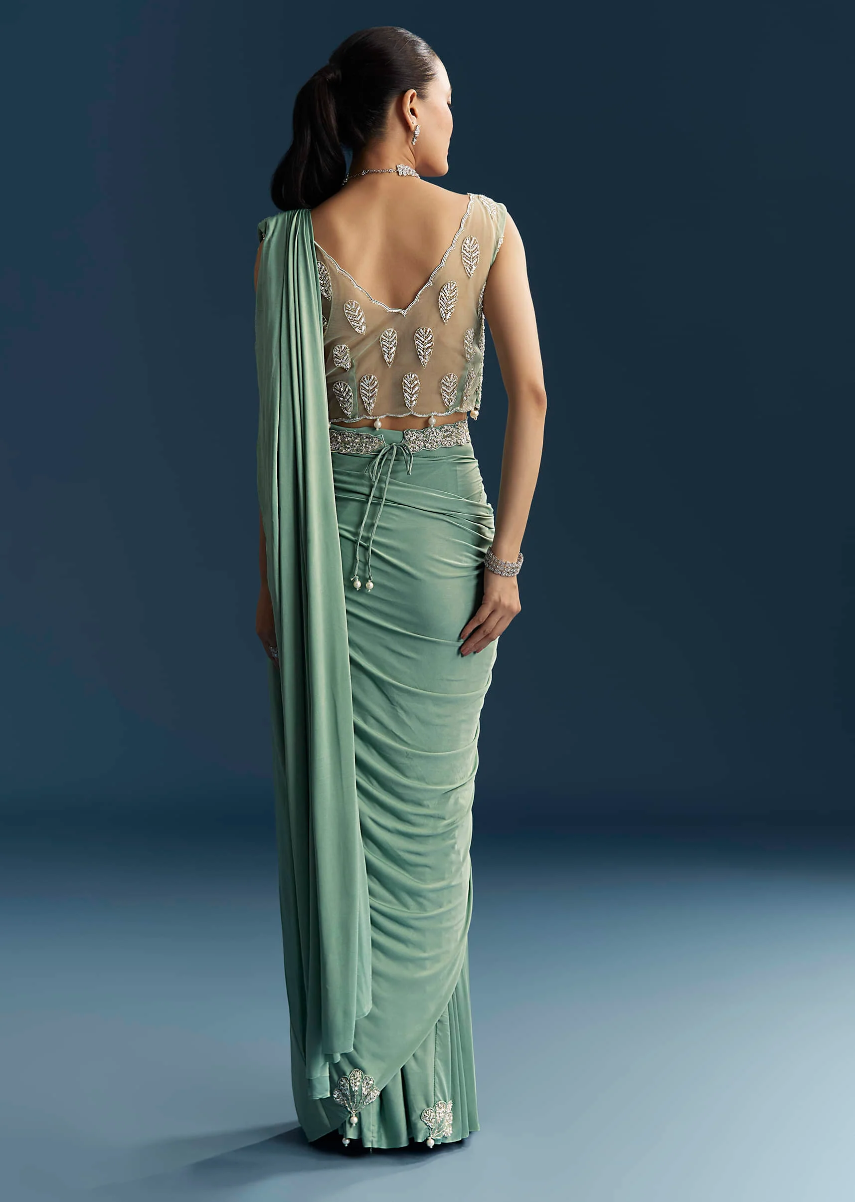Blue Ready Pleated Saree With Cutdana And Sequins Work - Image 5