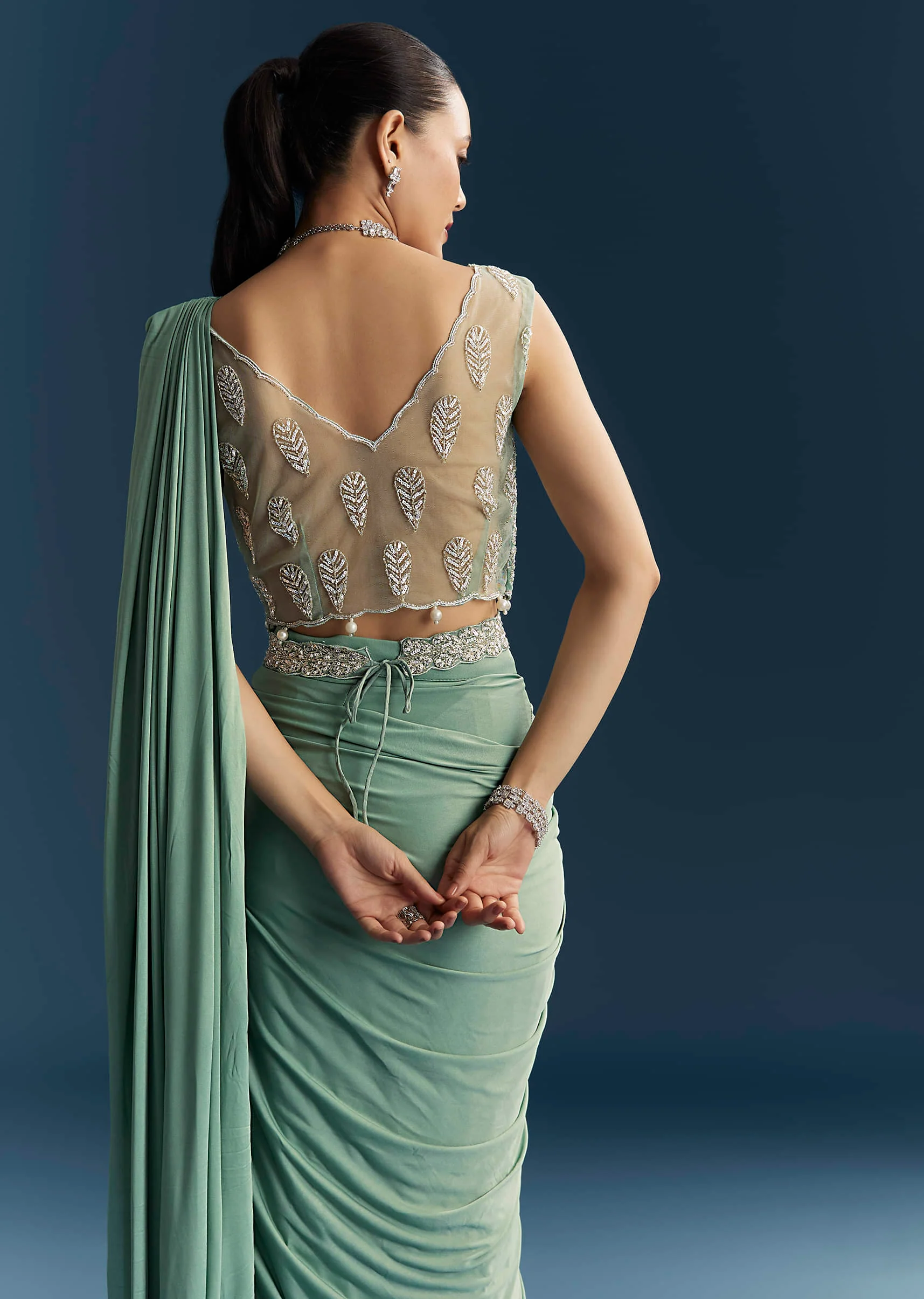 Blue Ready Pleated Saree With Cutdana And Sequins Work - Image 6