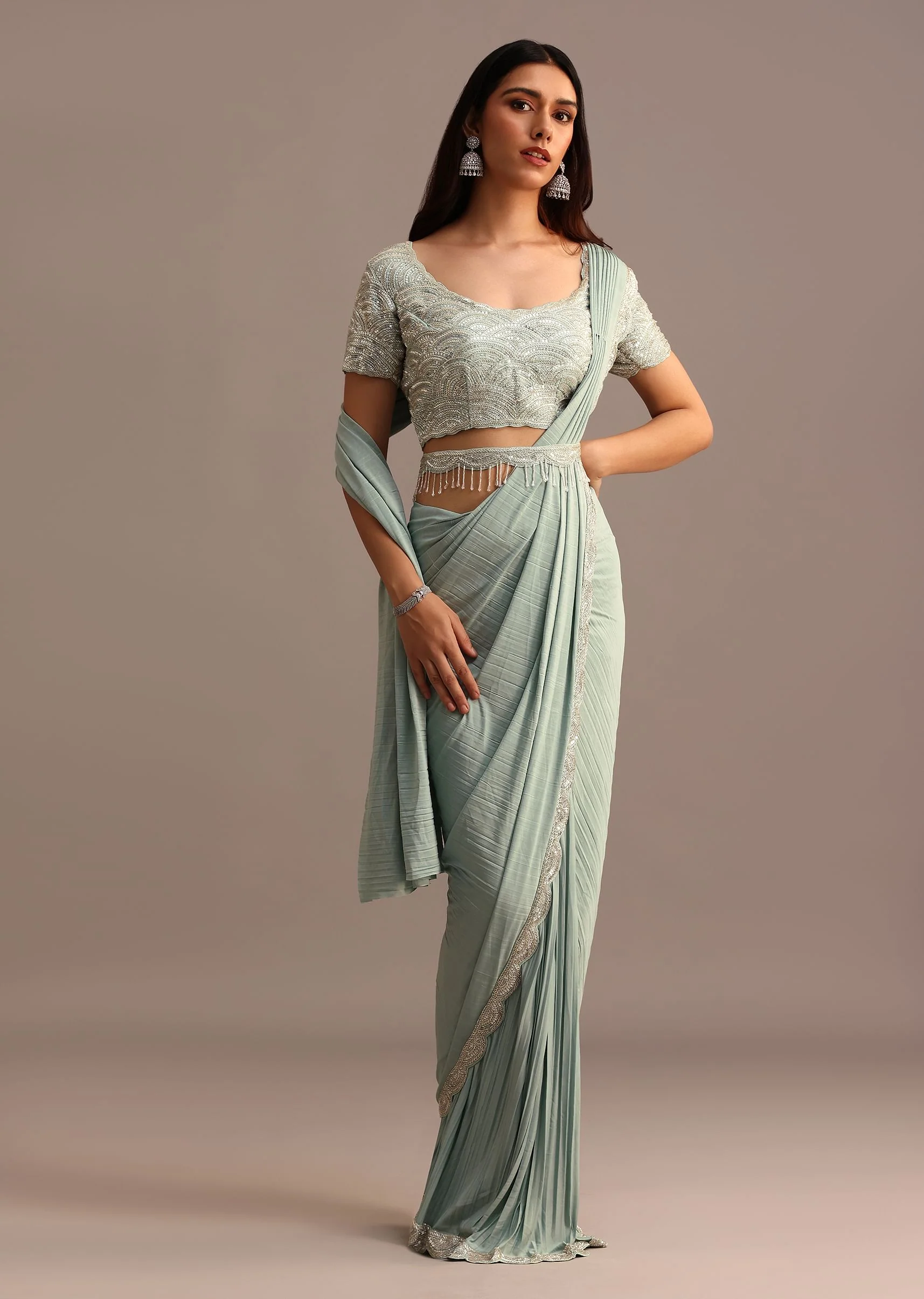 Blue Ready Pleated Saree With Embroidered Blouse - Image 3