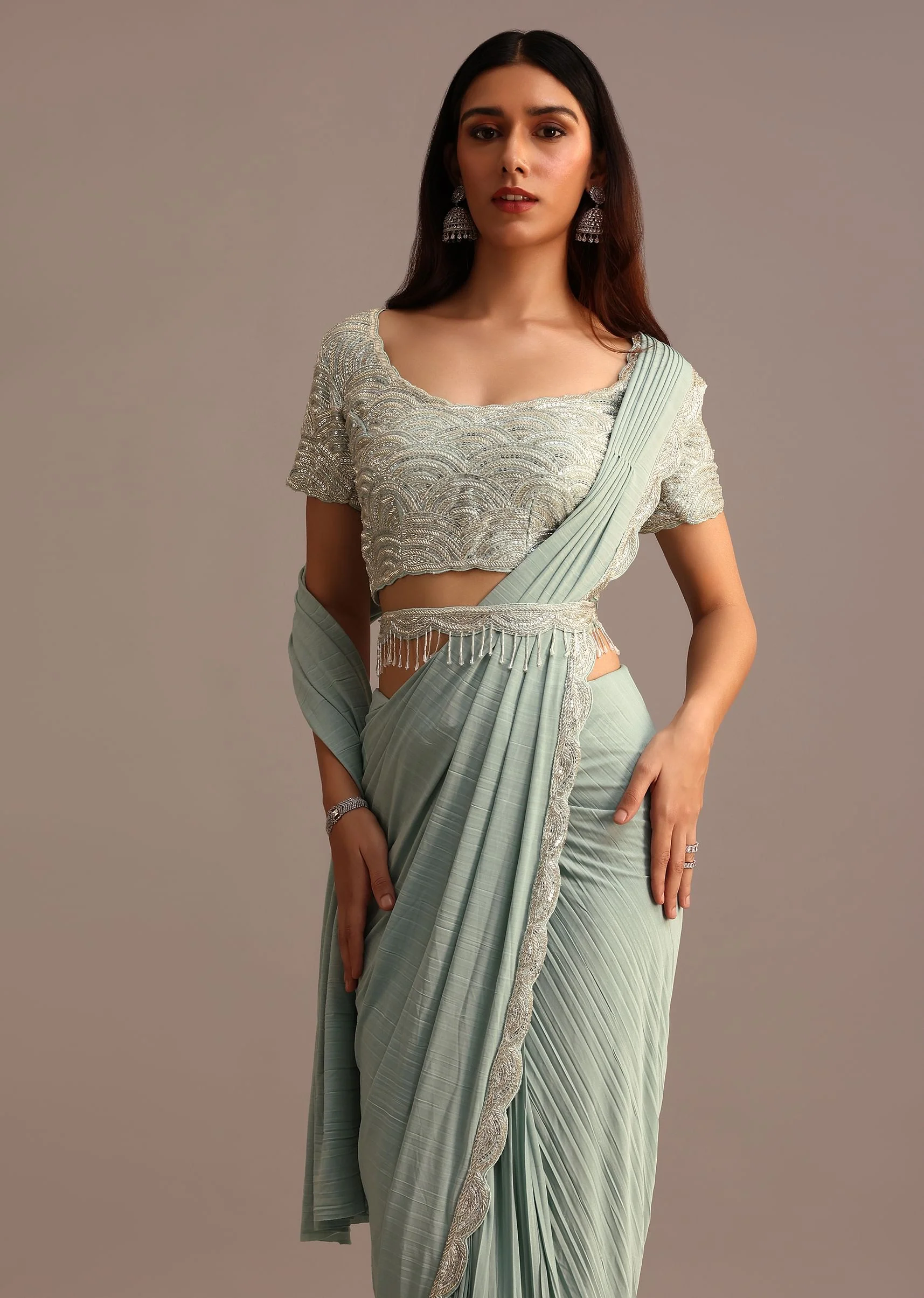 Blue Ready Pleated Saree With Embroidered Blouse - Image 5