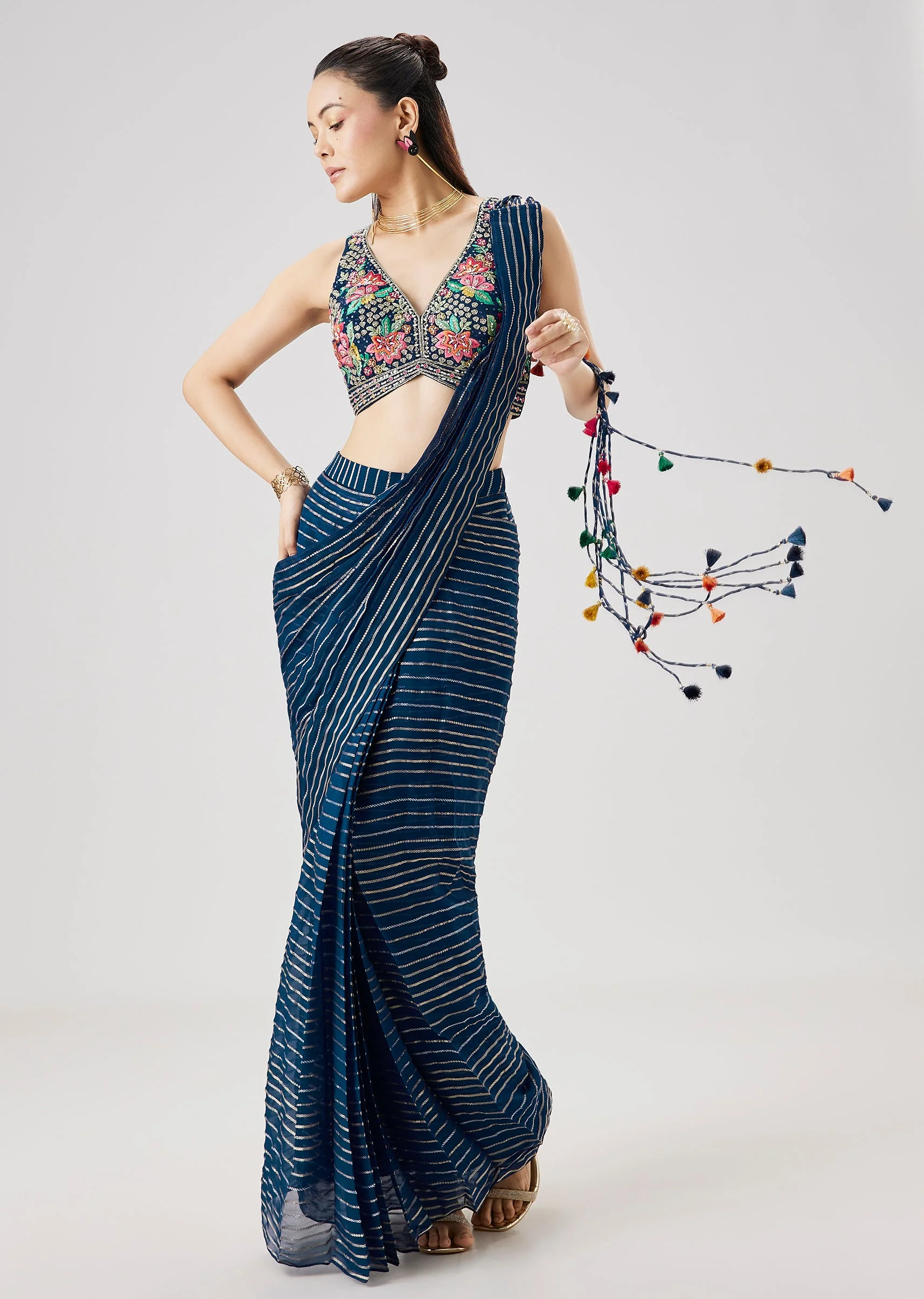 Blue Ready Pleated Saree With Resham Embroidered Blouse - Image 3