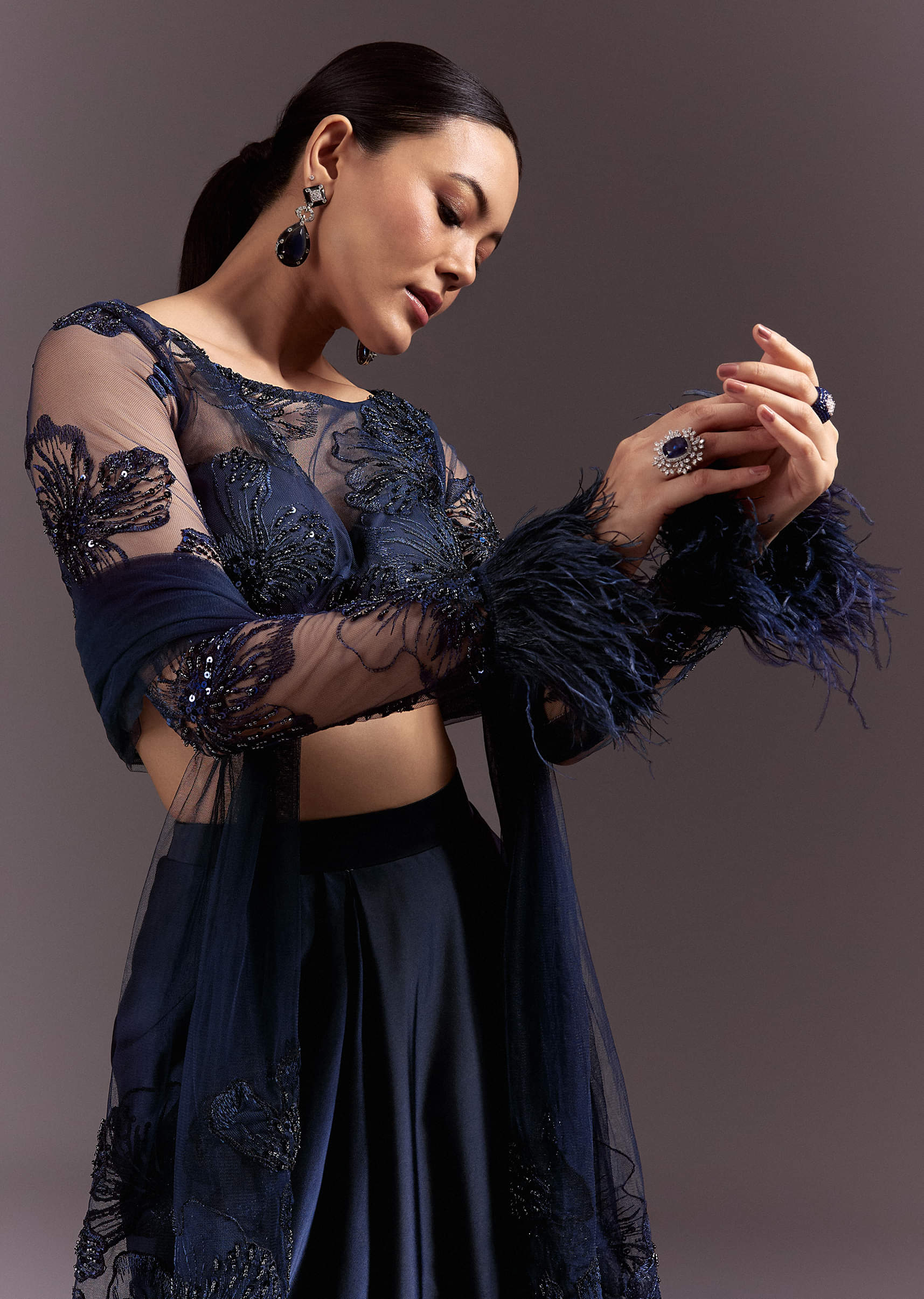 Blue Ready To Wear Saree With Full Sleeve Net Blouse - Image 2