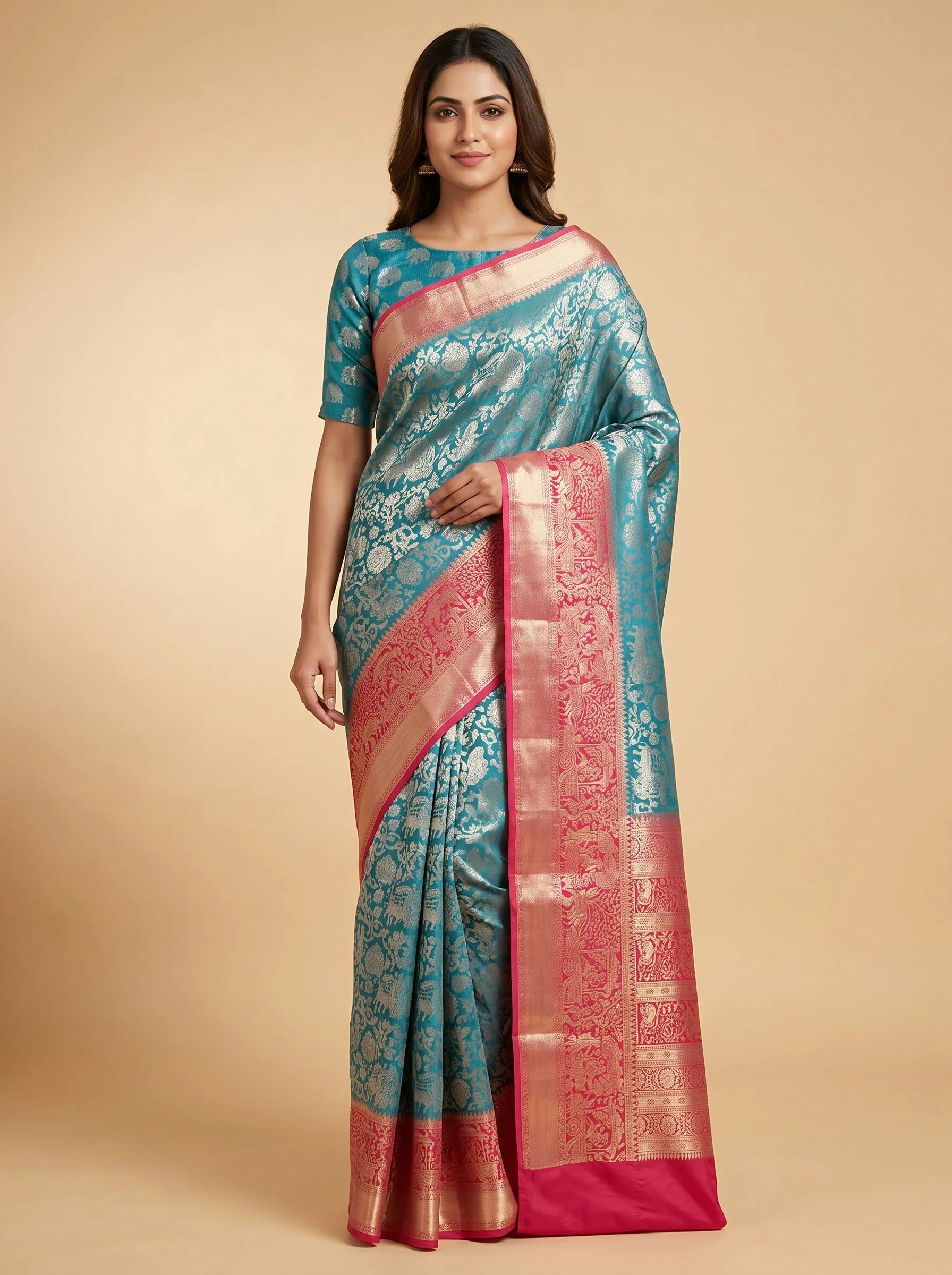 Blue Red Dual Contrast Weave Handloom Saree