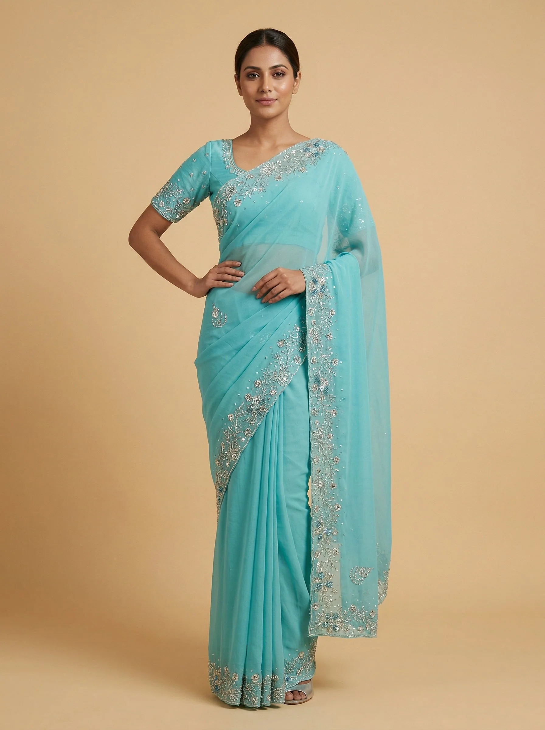 Blue Refined Embroidered Saree