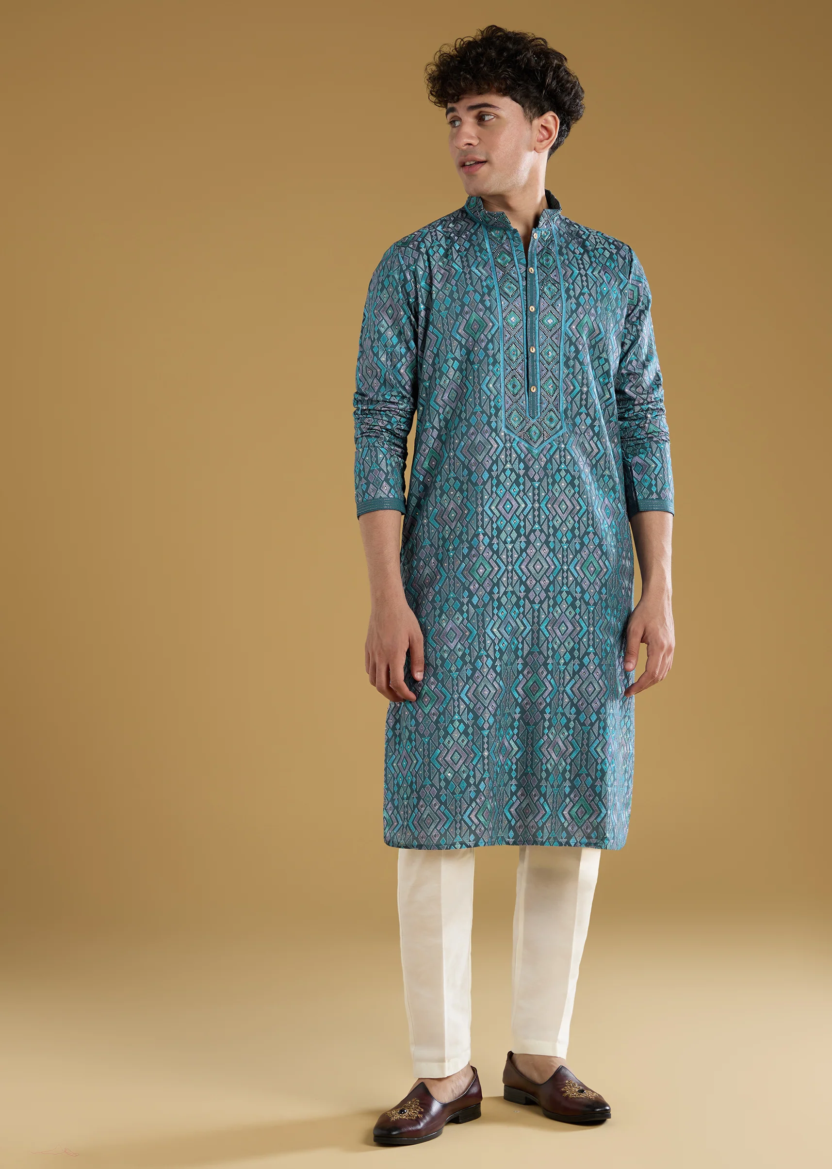 Blue Resham Motif Mens Kurta Pant Set in Silk