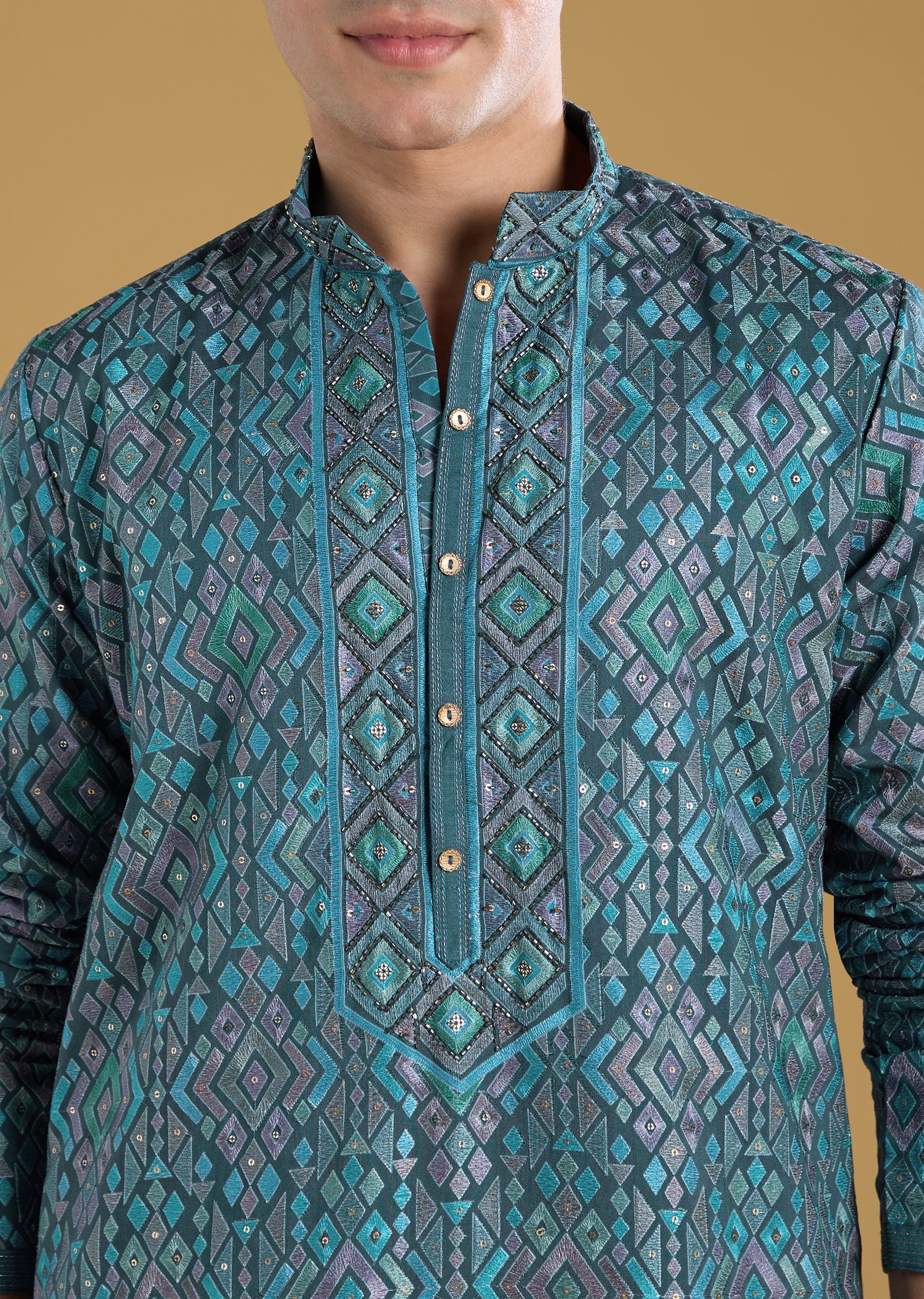 Blue Resham Motif Mens Kurta Pant Set in Silk - Image 2
