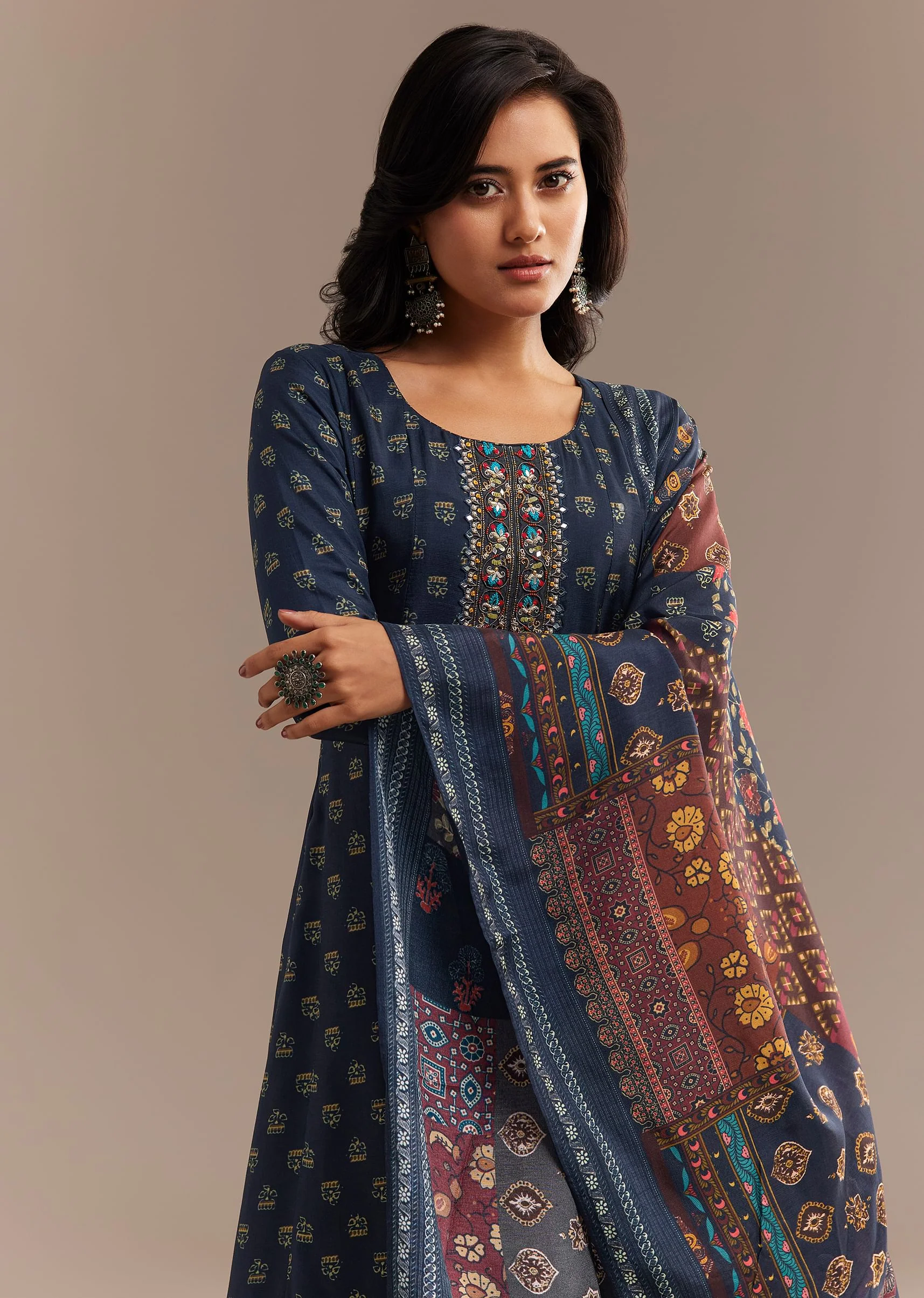 Blue Roman Silk Printed Anarkali Set - Image 4
