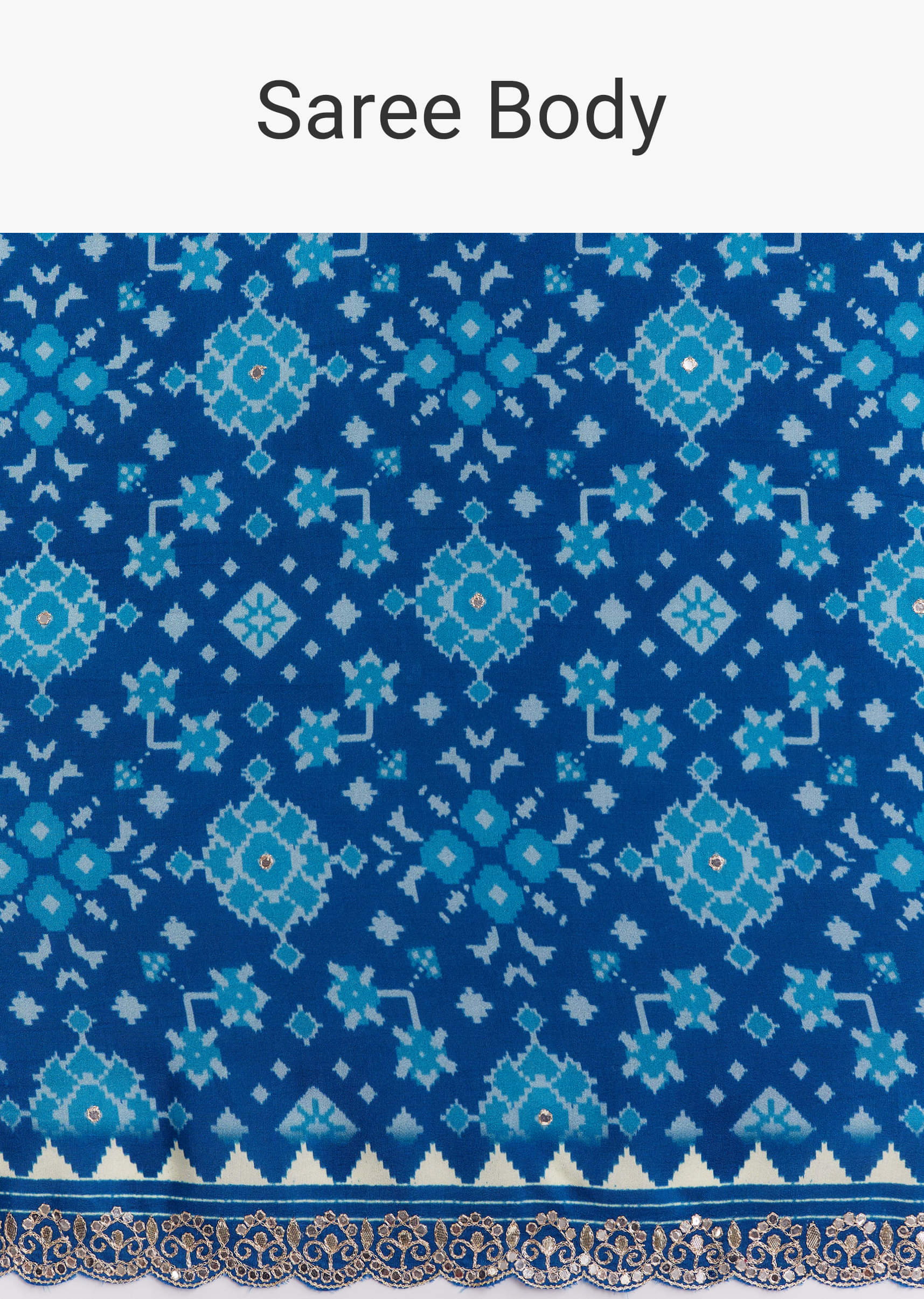 Blue Satin Ikat Printed Saree With Gota And Mirror Embroidery - Image 10