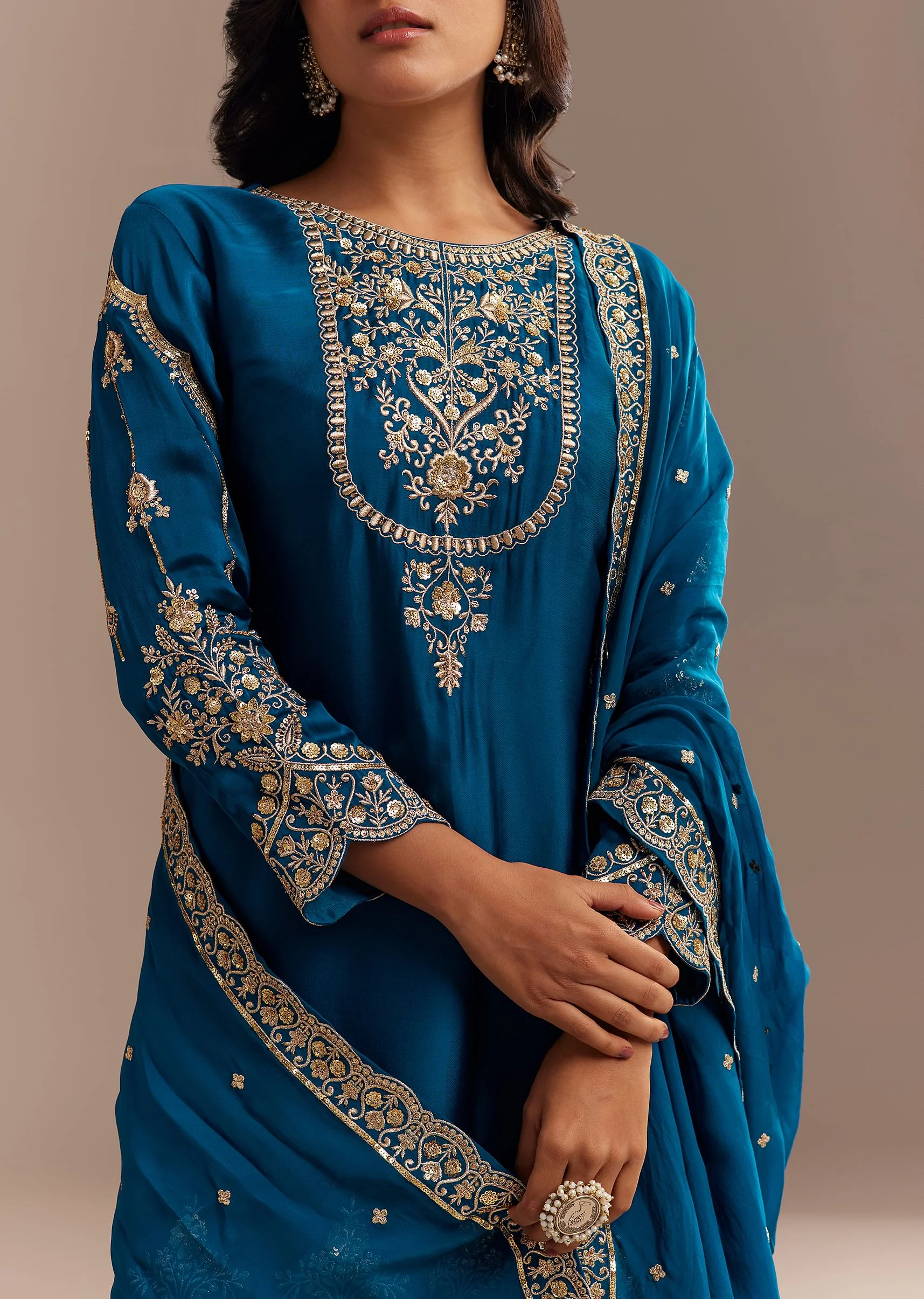 Blue Satin Zari Embroidered Dhoti Kurta Set - Image 2