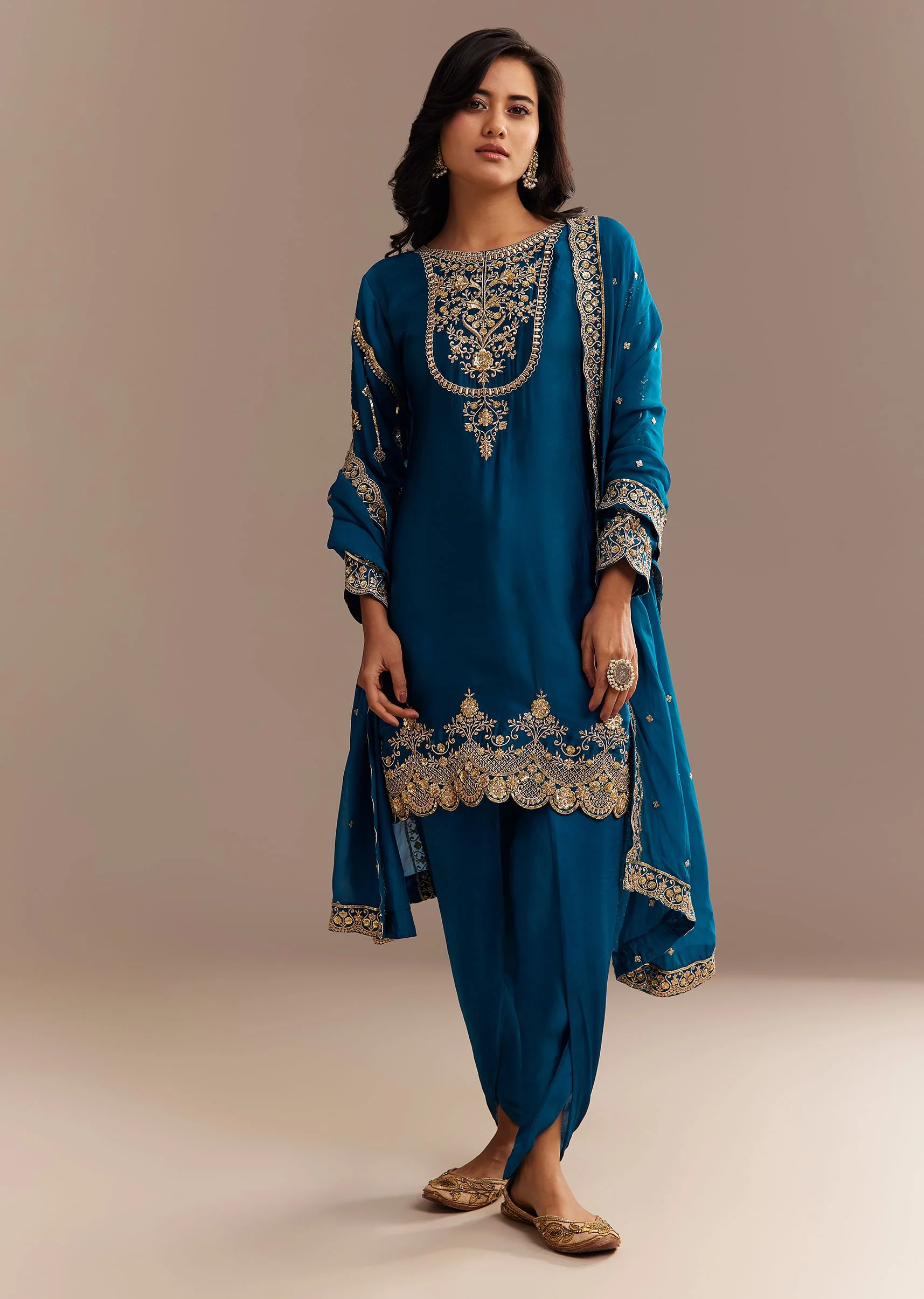 Blue Satin Zari Embroidered Dhoti Kurta Set - Image 3