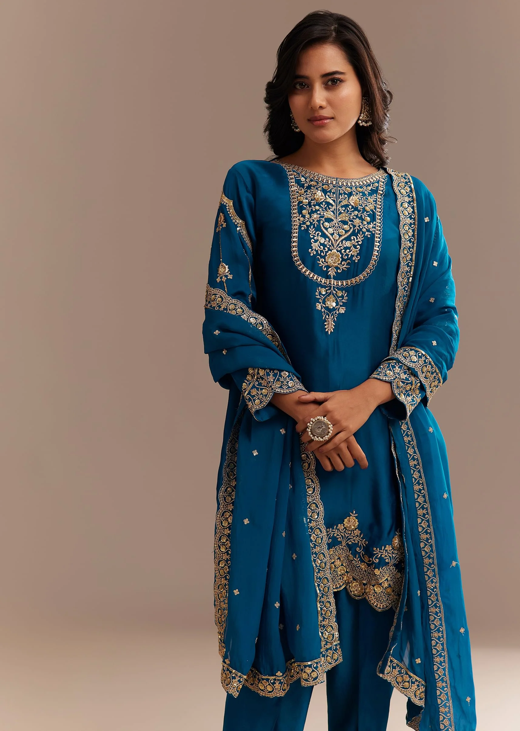 Blue Satin Zari Embroidered Dhoti Kurta Set - Image 4