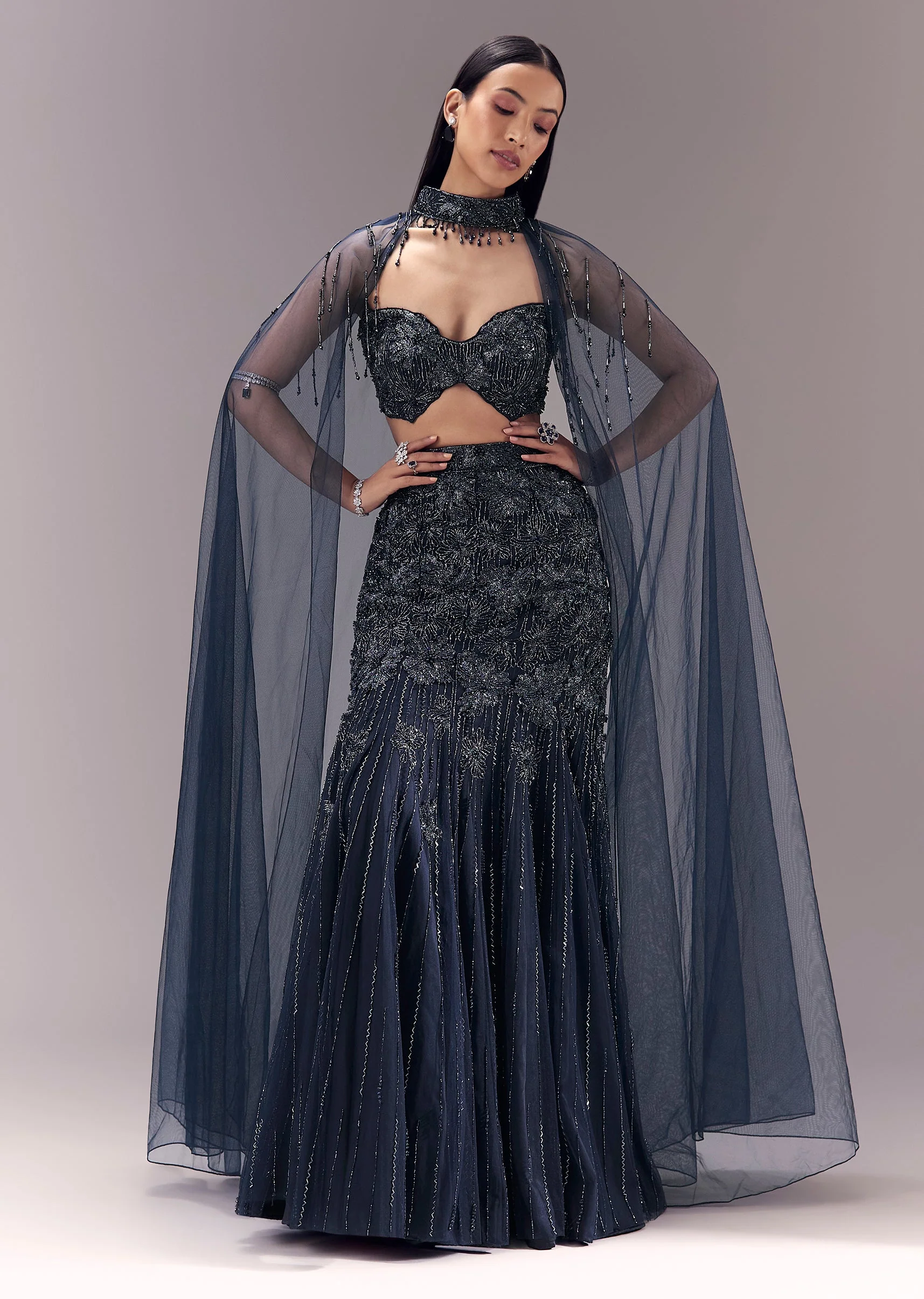 Blue Sequin Embellished And Lehenga Set
