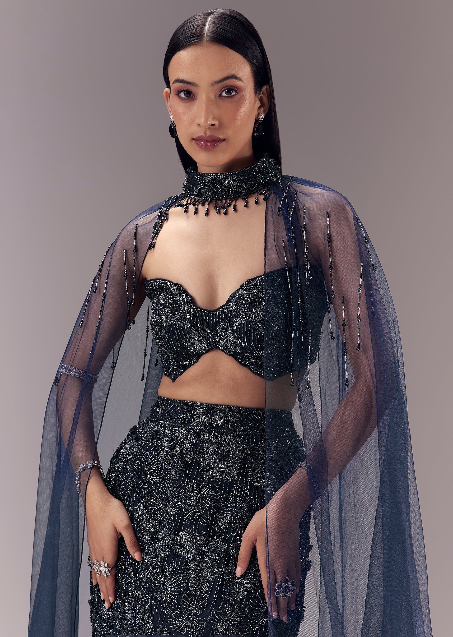 Blue Sequin Embellished And Lehenga Set - Image 3