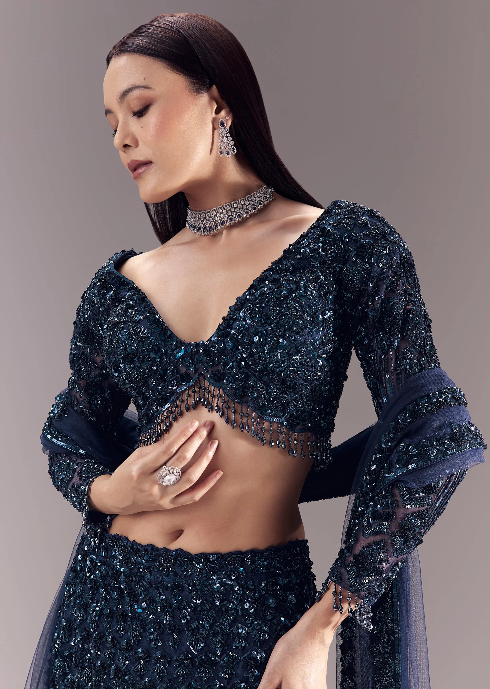 Blue Sequin Embellished Bridal Lehenga Set - Image 3