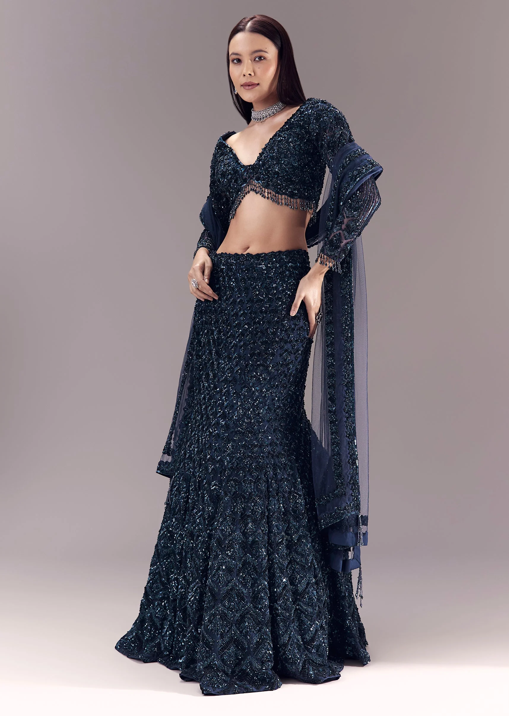Blue Sequin Embellished Bridal Lehenga Set - Image 4