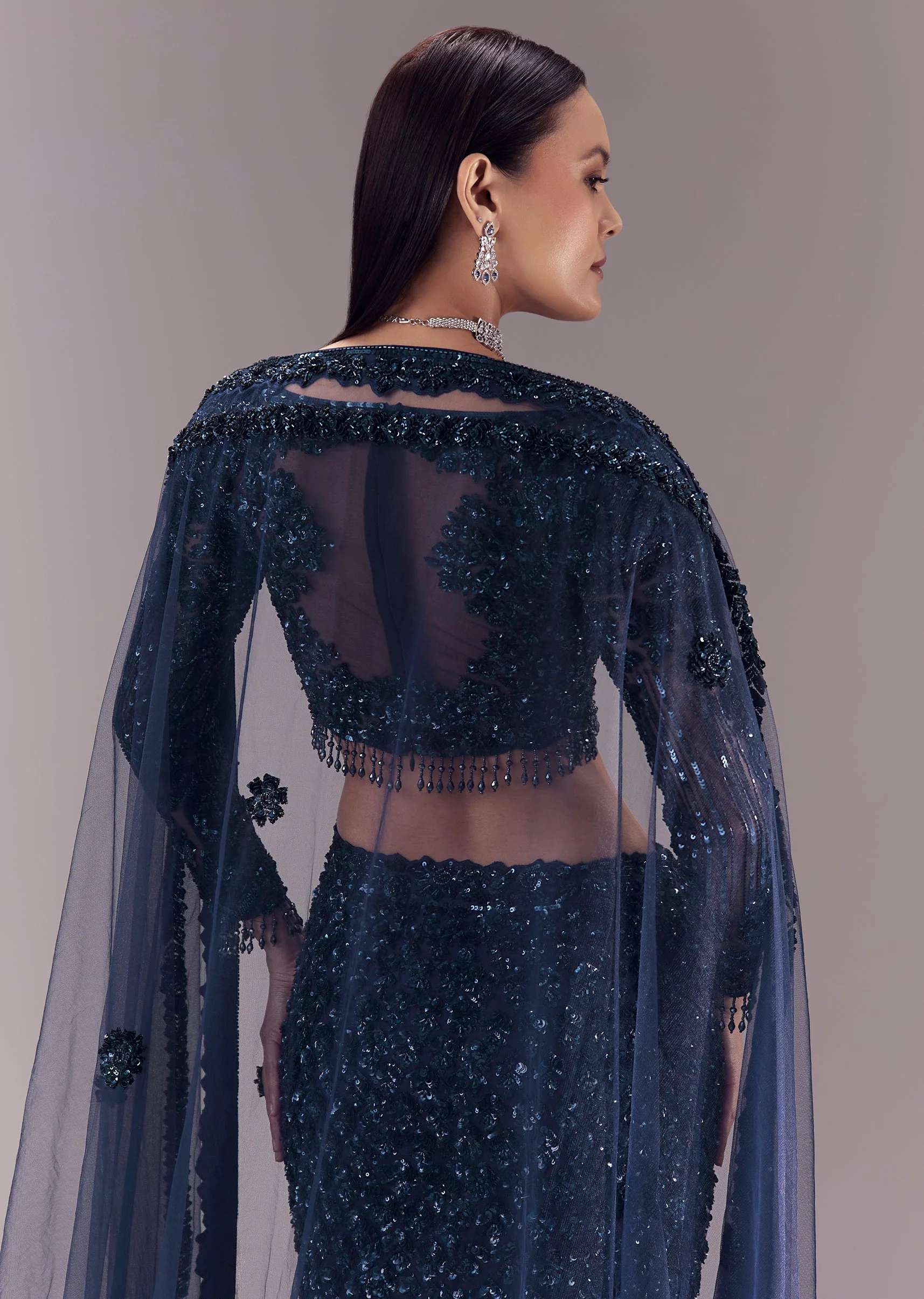 Blue Sequin Embellished Bridal Lehenga Set - Image 6