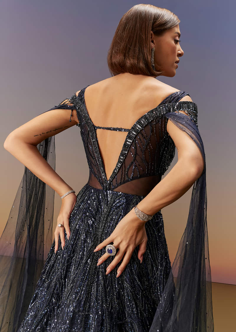 Blue Sequin Embroidered Gown With Tassel Detailing - Image 6