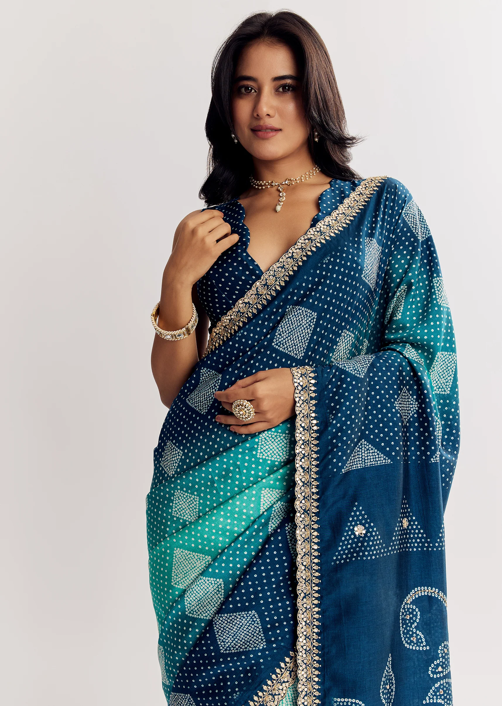 Blue Shaded Muslin Printed Saree With Embellishments - Image 4