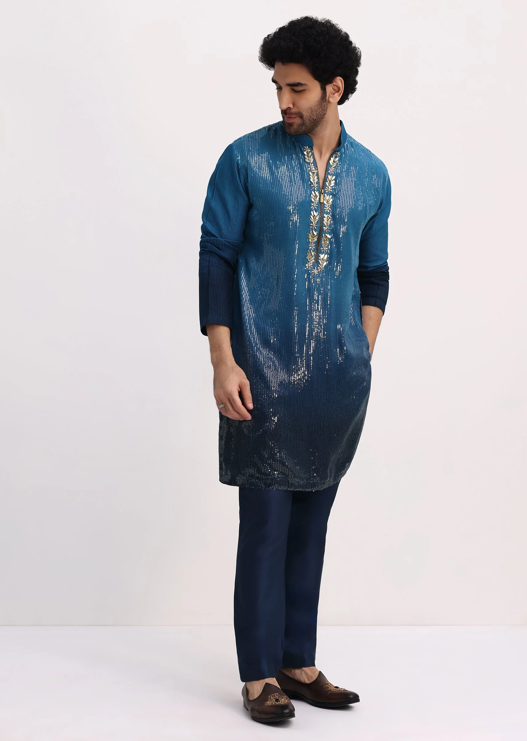 Blue Shaded Sequin Zipper Kurta With Navy Blue Pants - Image 2