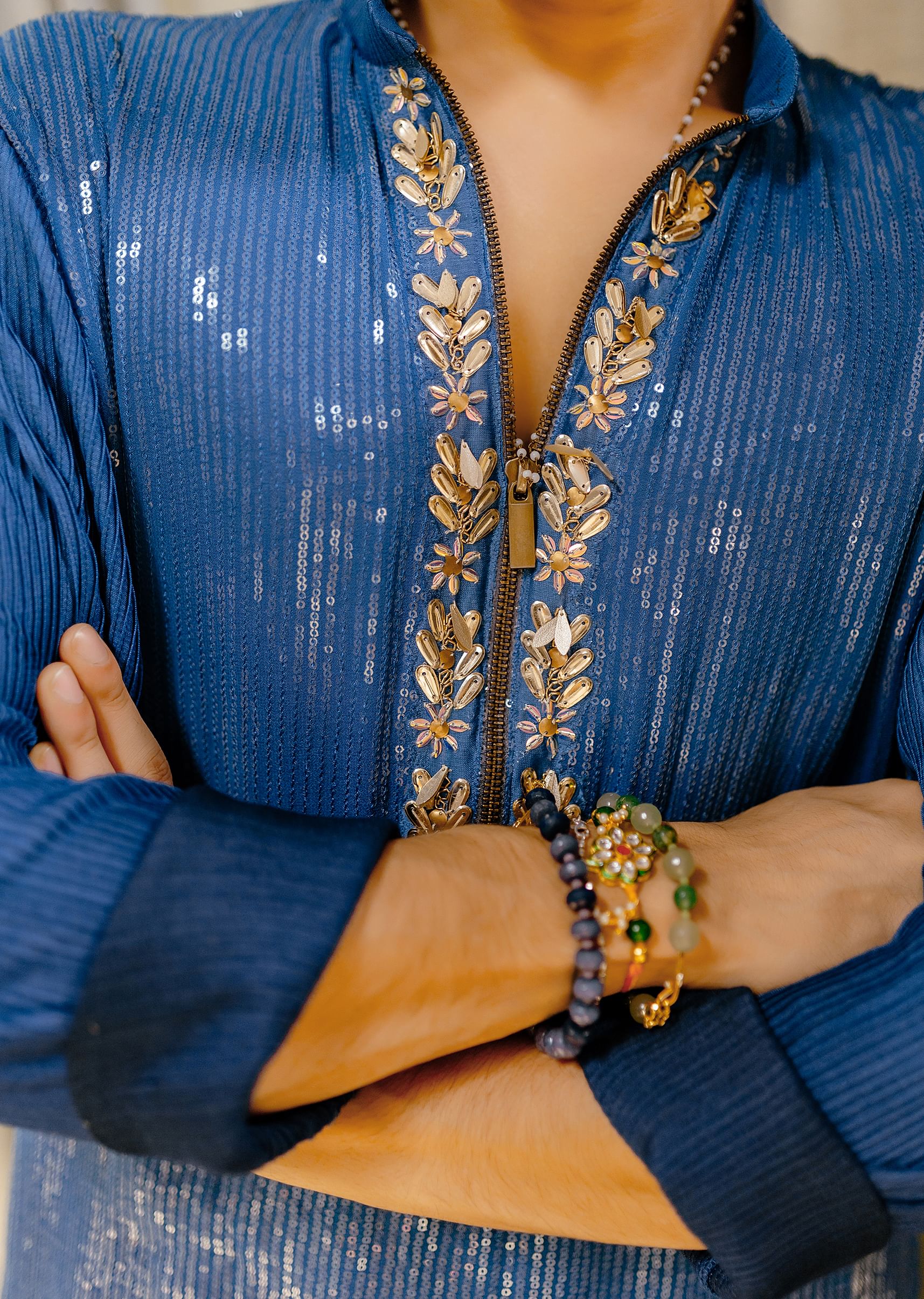 Blue Shaded Sequin Zipper Kurta With Navy Blue Pants - Image 8