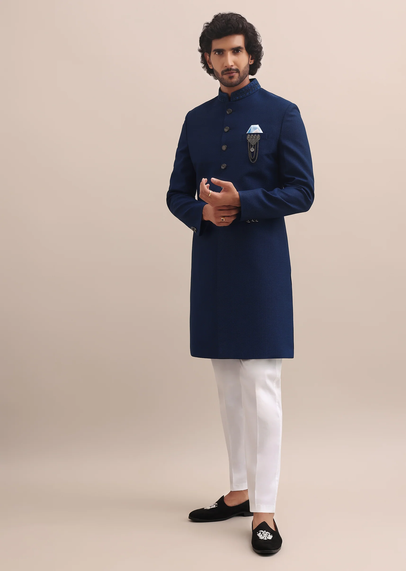 Blue Sherwani With Moti Embroidered Collar For Men - Image 4