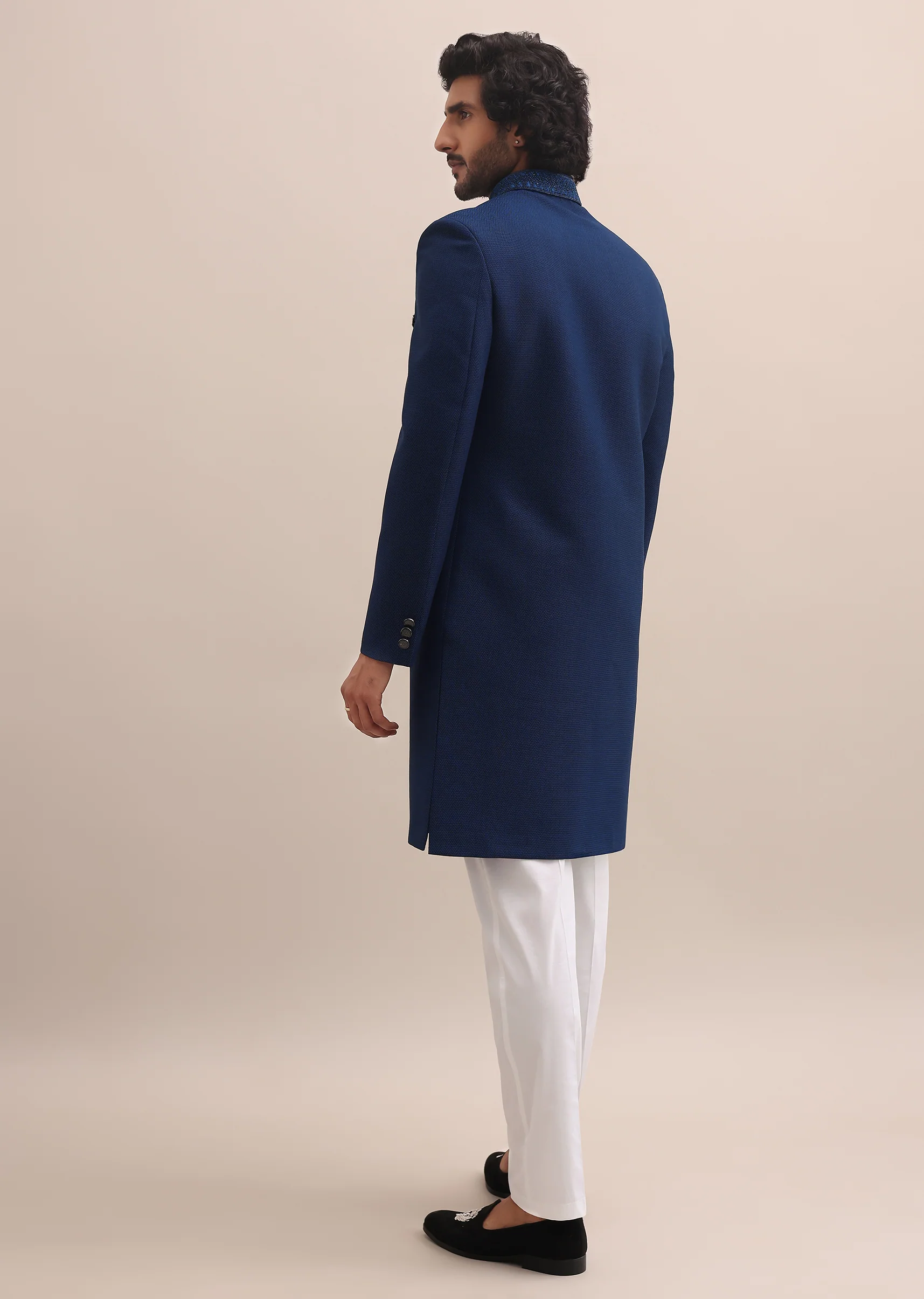 Blue Sherwani With Moti Embroidered Collar For Men - Image 5