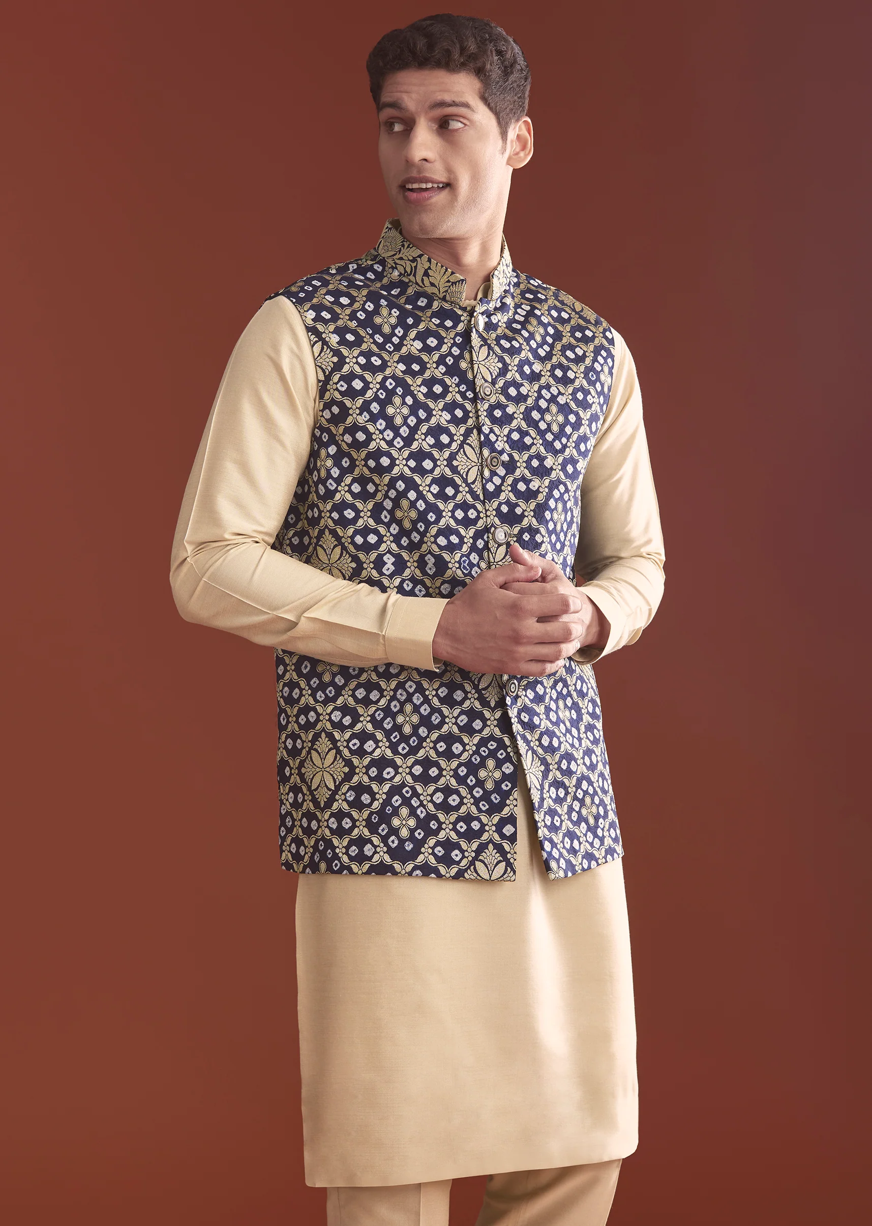 Blue Silk Bandhani Kurta Jacket Set For Men With Geometric Motifs - Image 4
