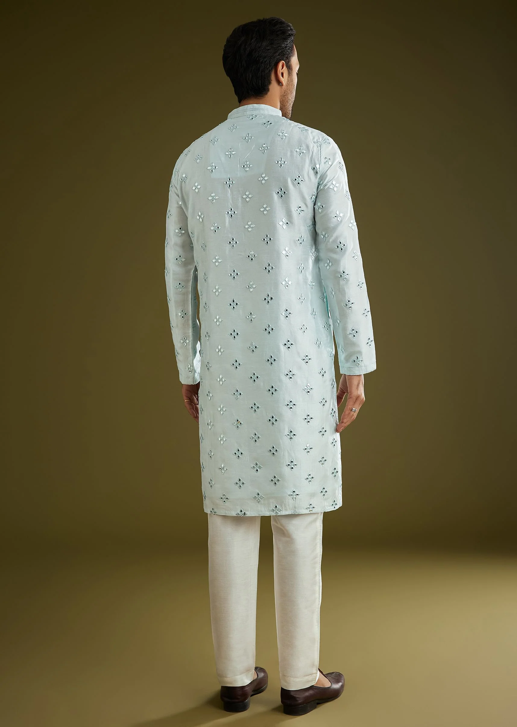 Blue Silk Blend Kurta Set With Mirror Work - Image 5