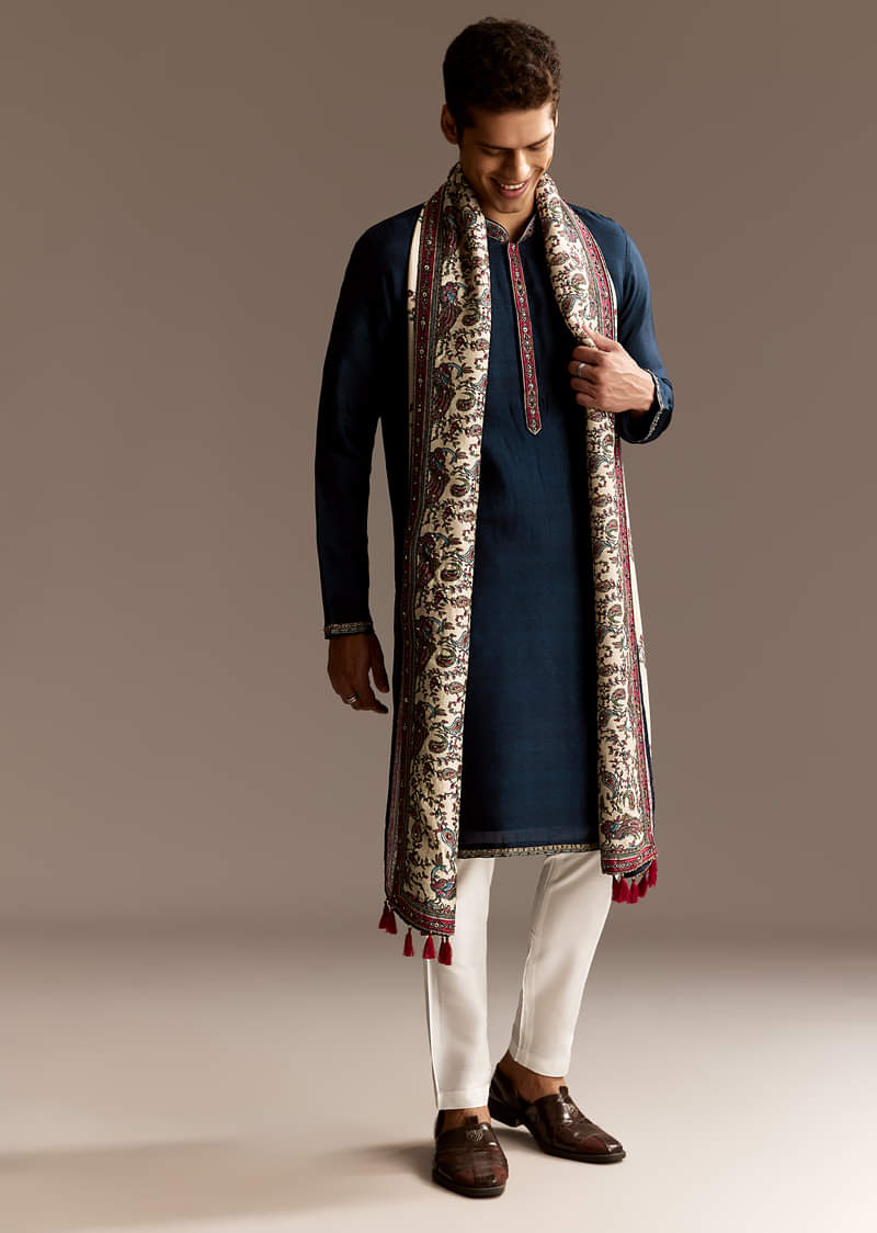 Blue Silk Embellished Kurta Set With Dupatta - Image 4
